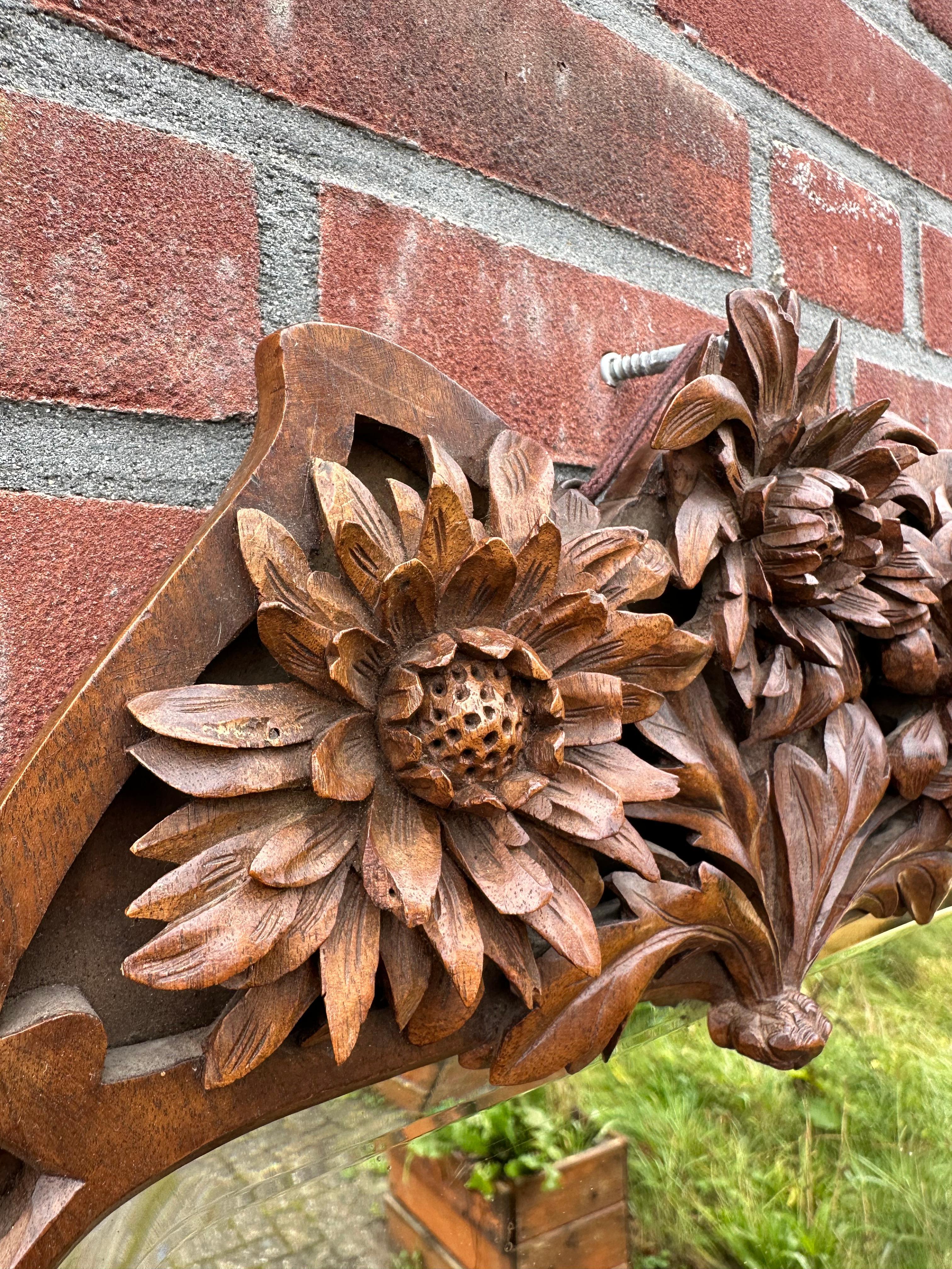 European Rare Arts & Crafts Nutwood Wall or Table Mirror w. Hand Carved Blooming Flowers For Sale