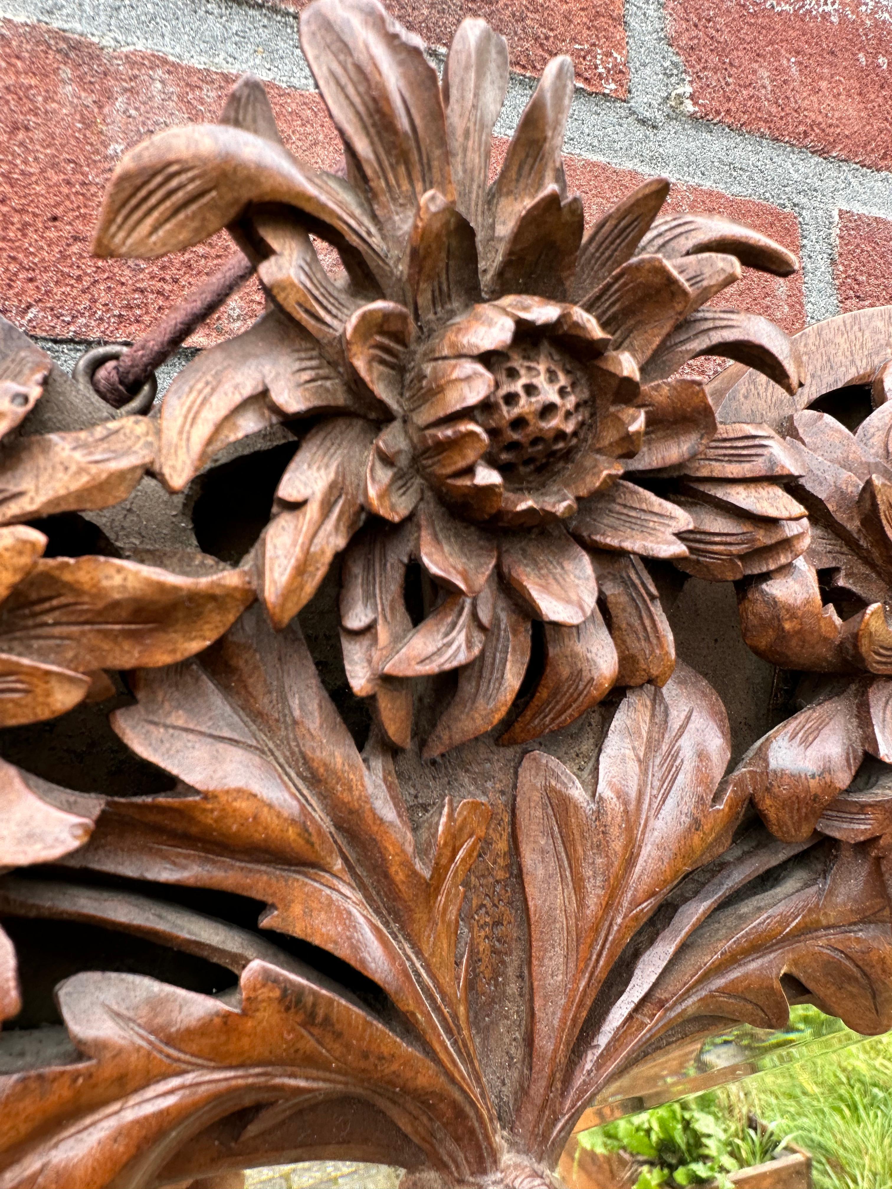 Hand-Carved Rare Arts & Crafts Nutwood Wall or Table Mirror w. Hand Carved Blooming Flowers For Sale
