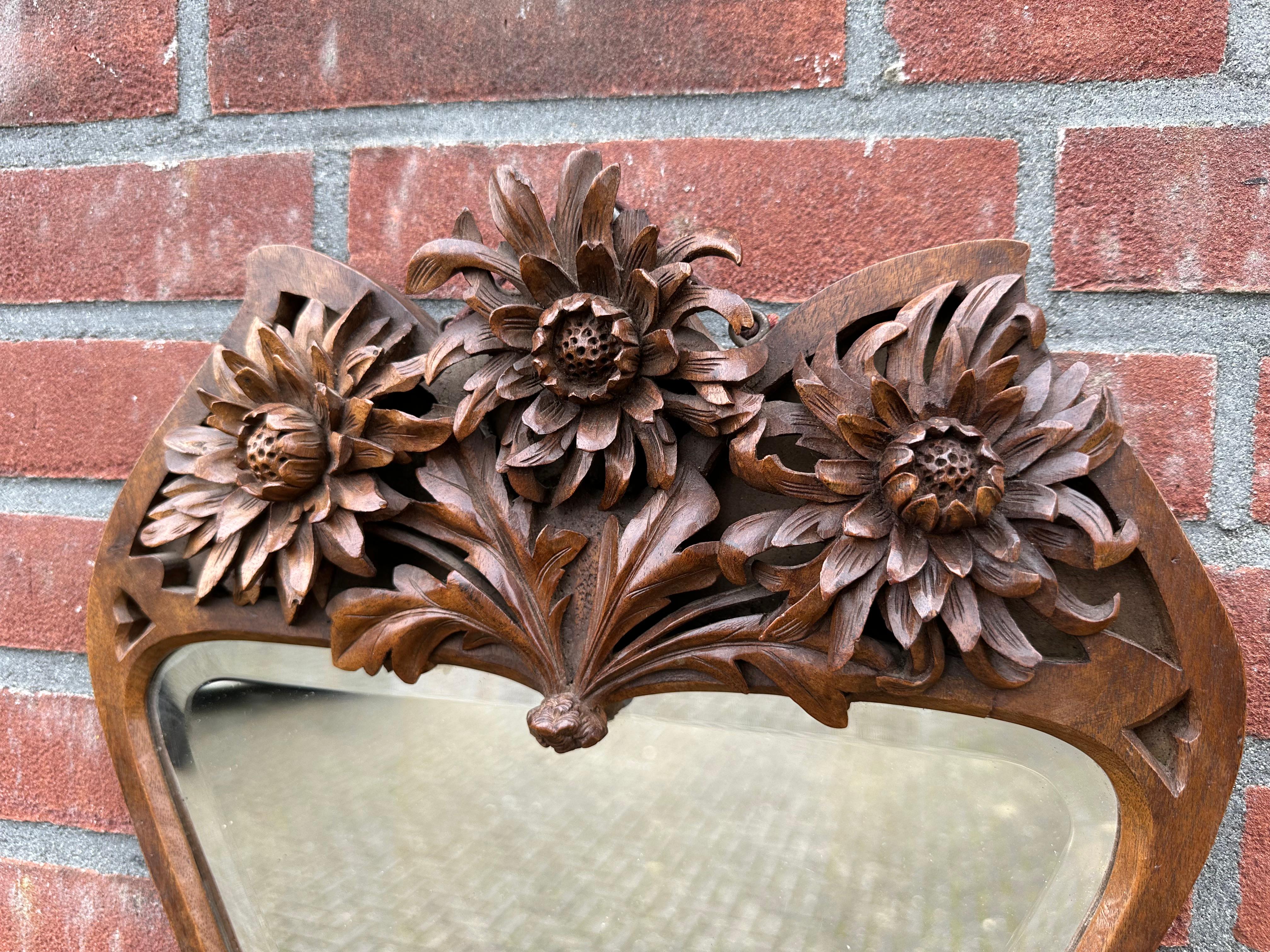 Rare Arts & Crafts Nutwood Wall or Table Mirror w. Hand Carved Blooming Flowers For Sale 1