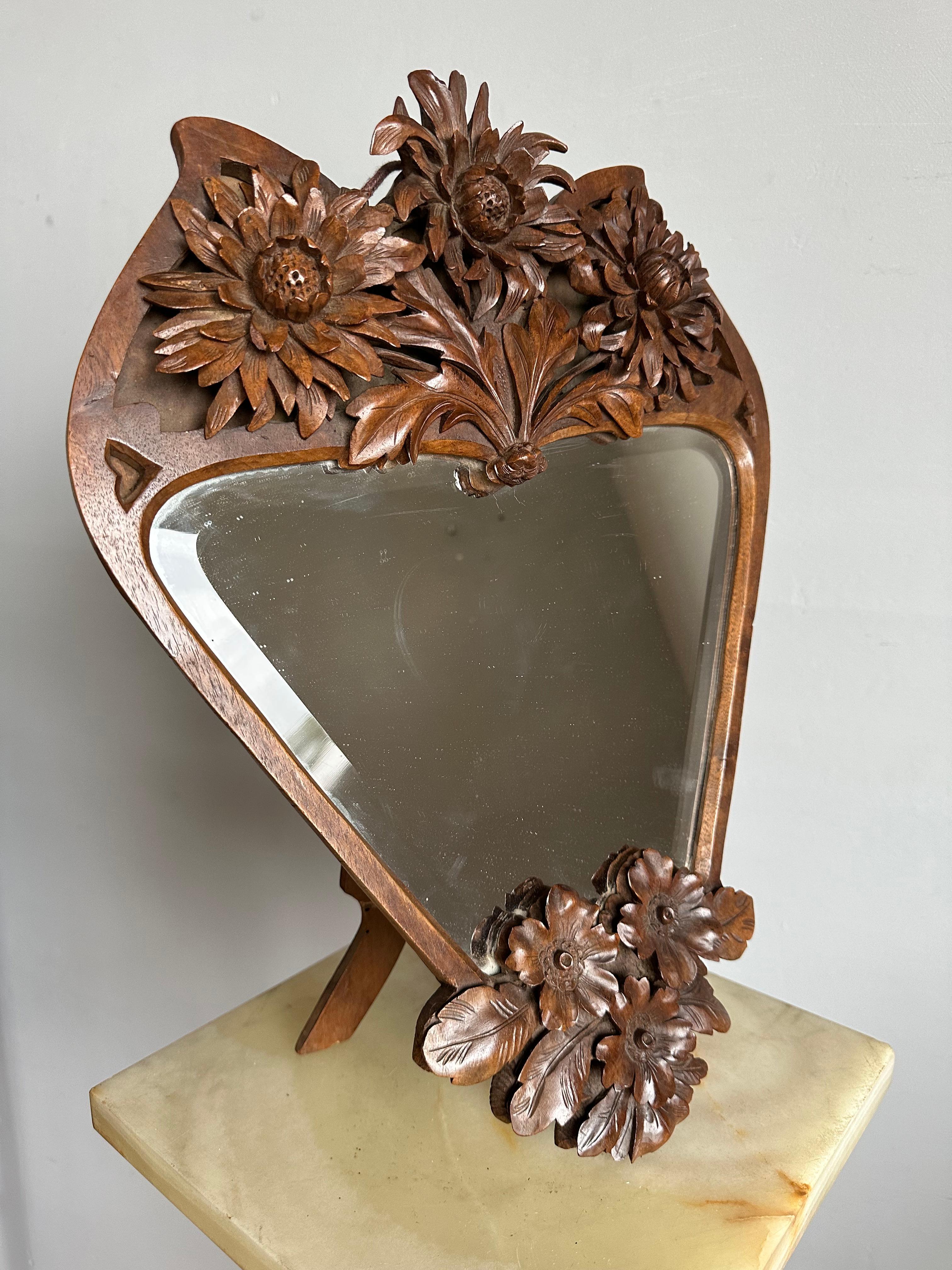 Rare Arts & Crafts Nutwood Wall or Table Mirror w. Hand Carved Blooming Flowers For Sale 2