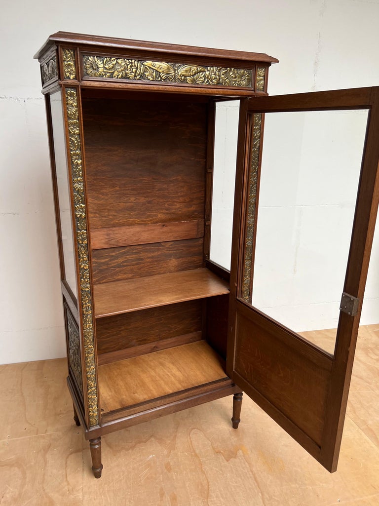 Rare Arts & Crafts Oak Display Cabinet / Vitrine with Embossed Brass Decorations For Sale 3