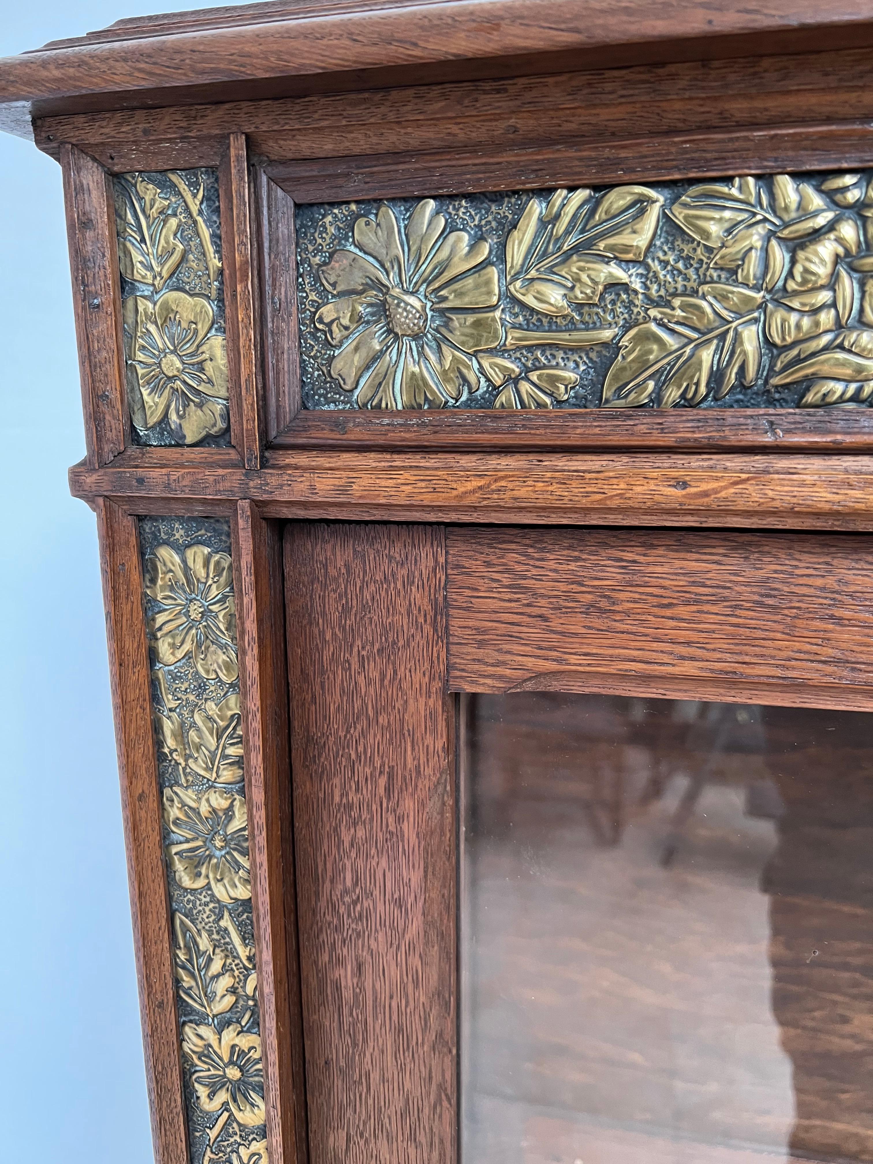 Rare Arts & Crafts Oak Display Cabinet / Vitrine with Embossed Brass Decorations 9