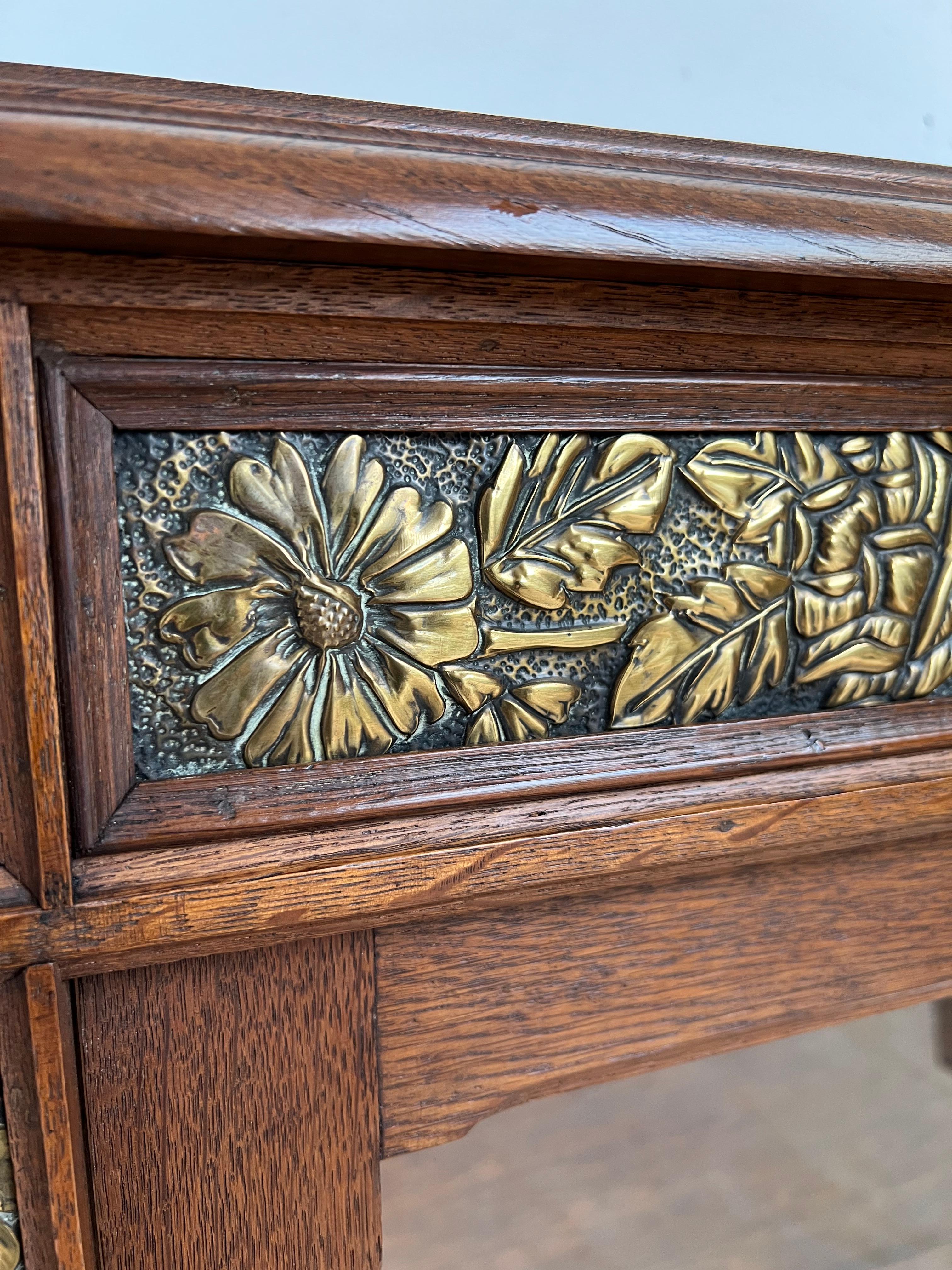 Hand-Carved Rare Arts & Crafts Oak Display Cabinet / Vitrine with Embossed Brass Decorations
