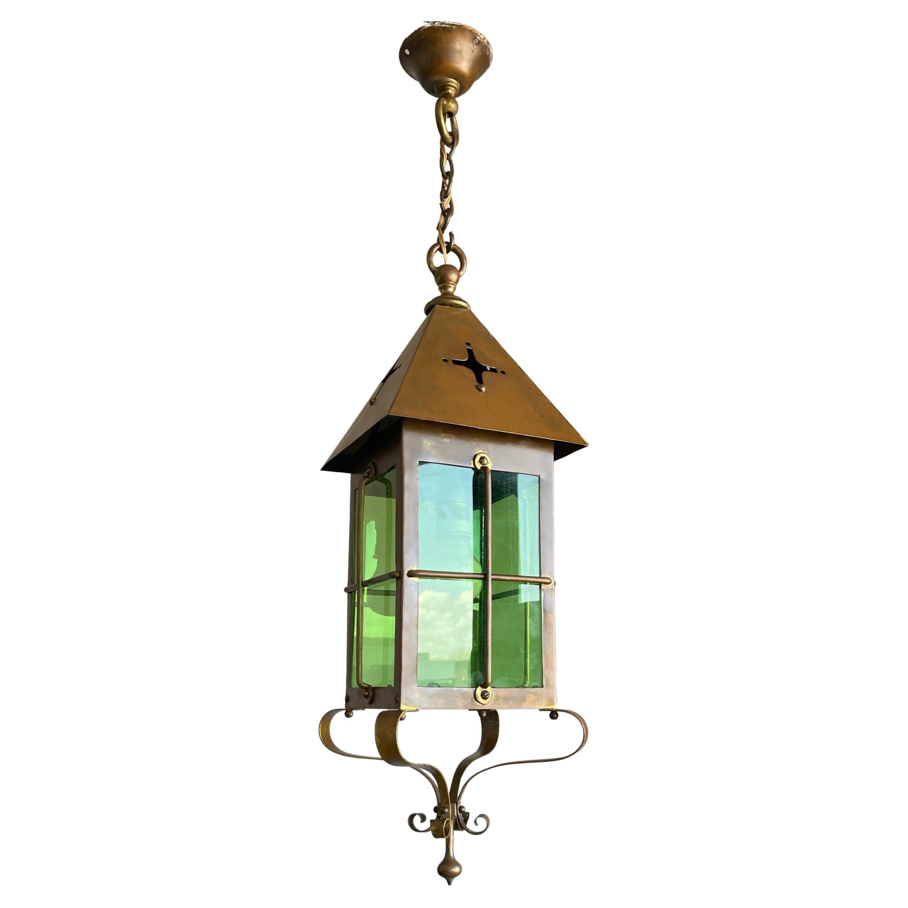 Arts and Crafts Copper Lanterns with Cream Slag Glass 4 Available at