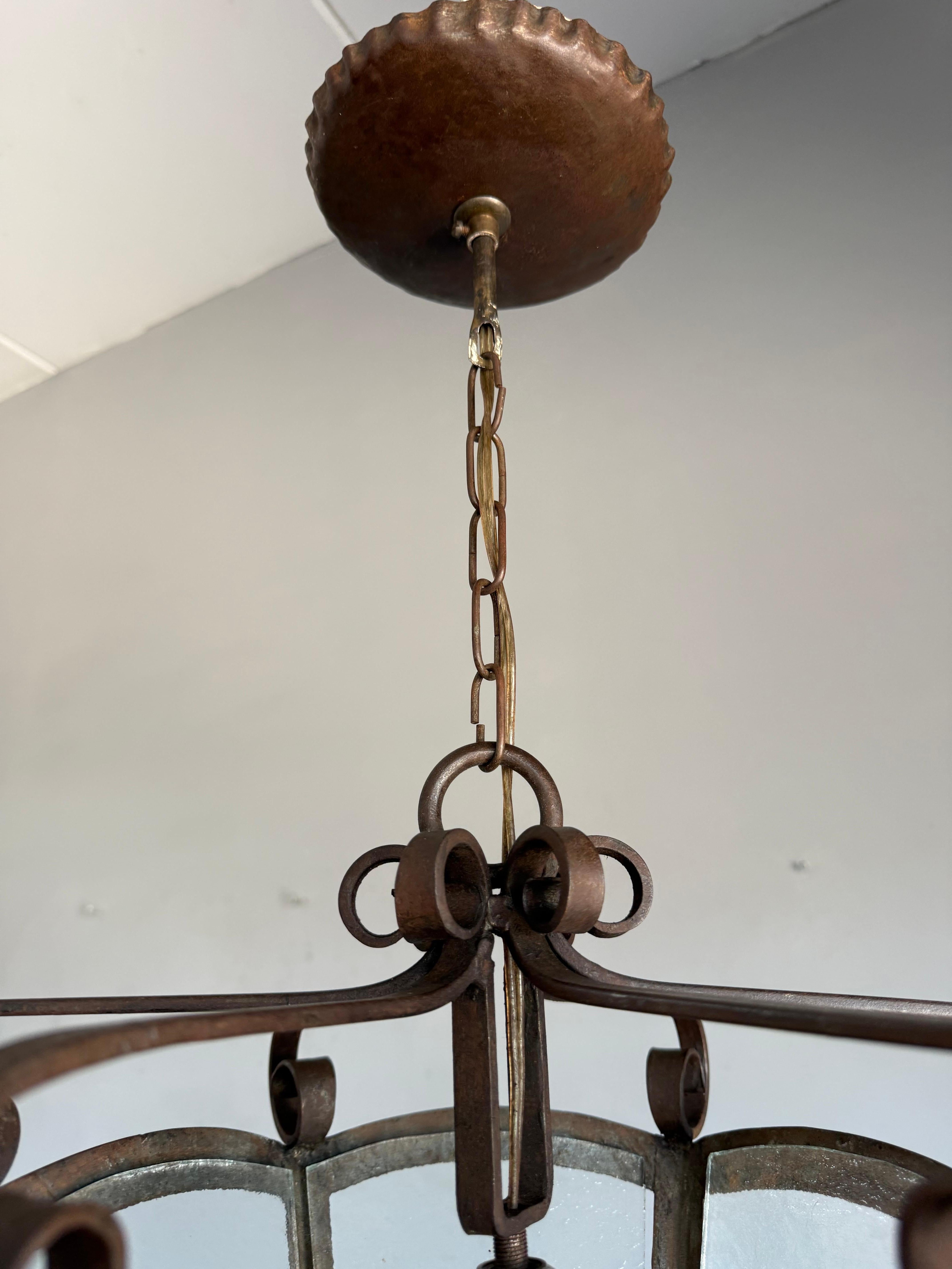 Rare Arts & Crafts Pendant Lantern, Handcrafted Wrought Iron & Cathedral Glass For Sale 2