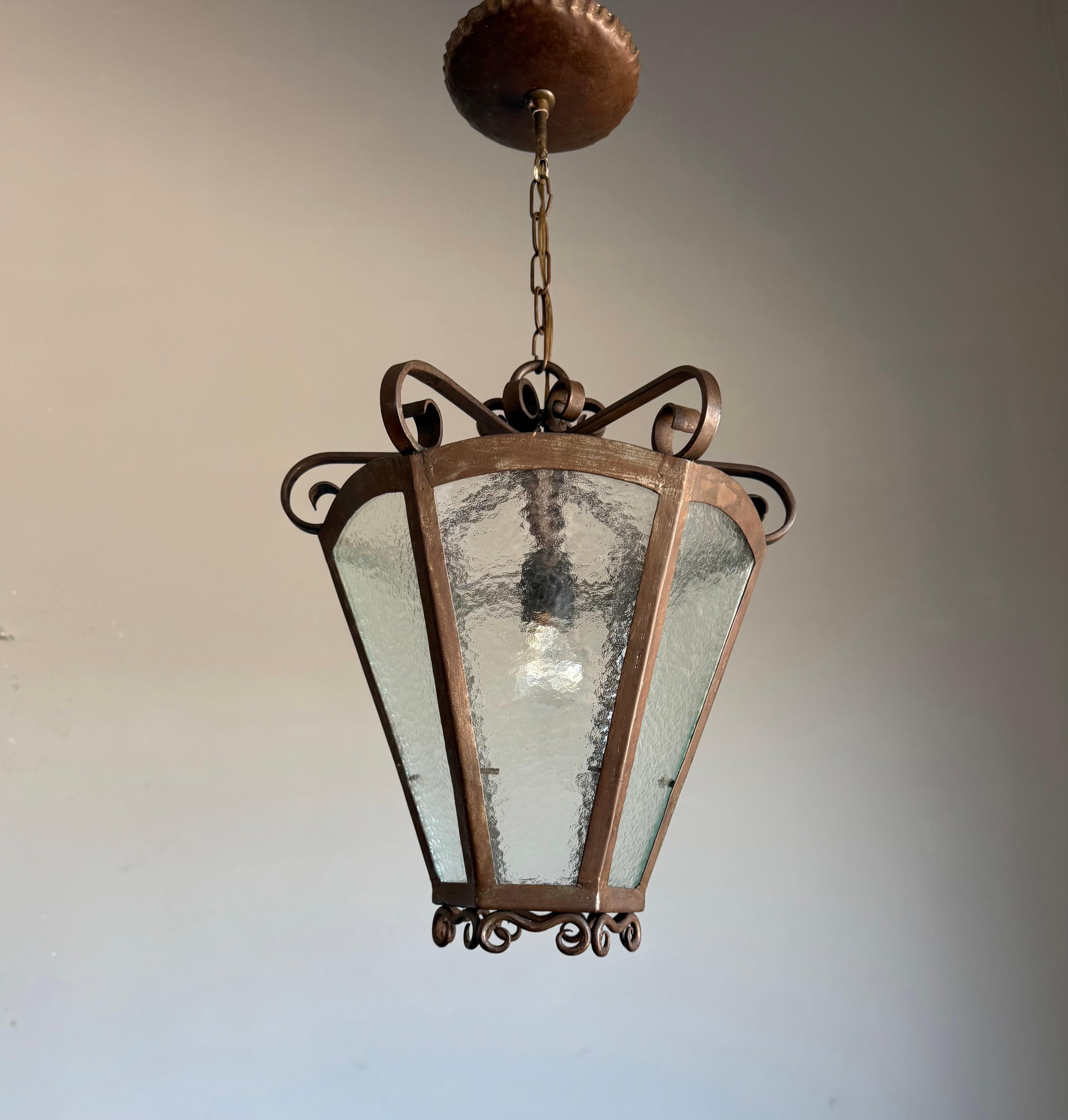 Rare Arts & Crafts Pendant Lantern, Handcrafted Wrought Iron & Cathedral Glass For Sale 3