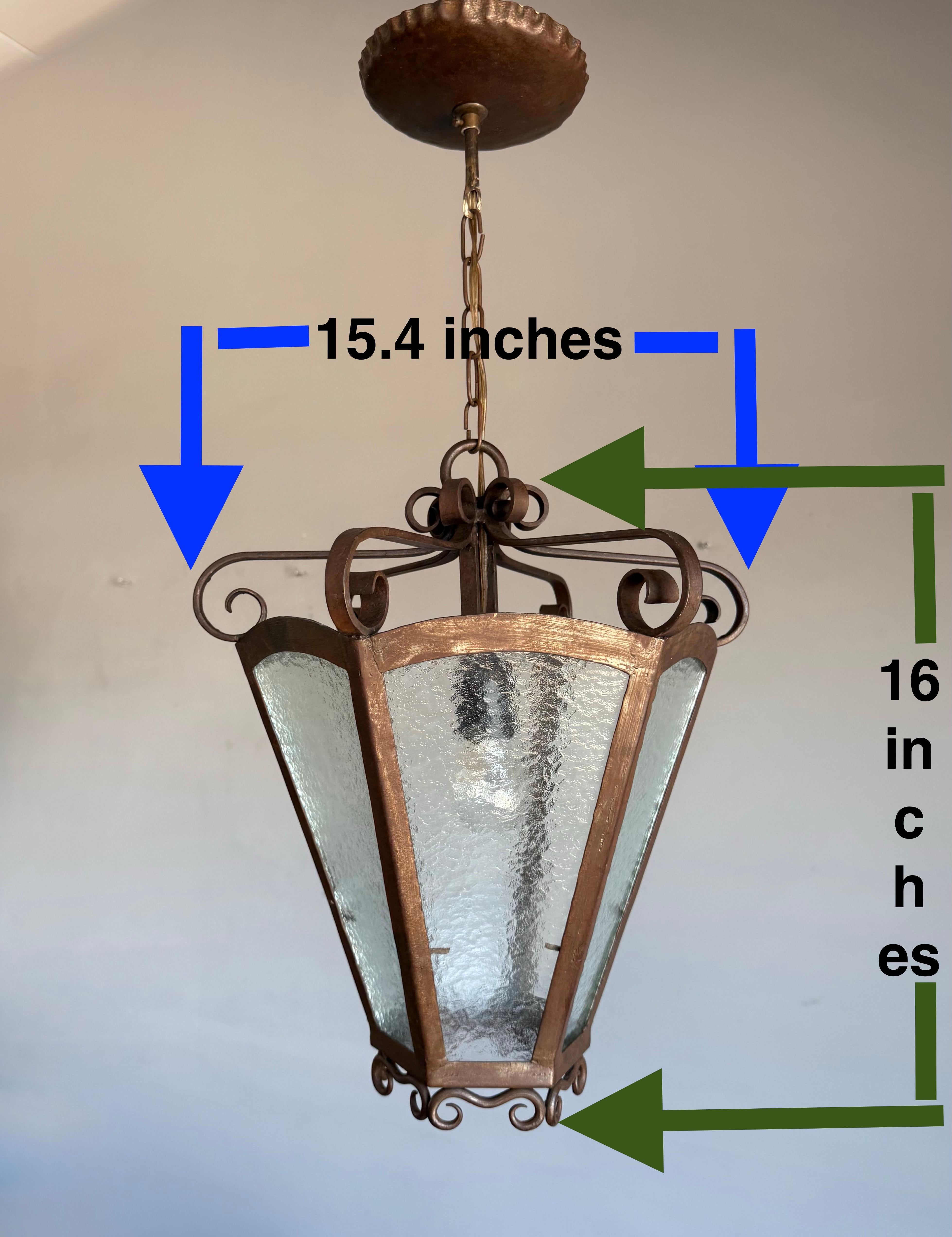 Rare Arts & Crafts Pendant Lantern, Handcrafted Wrought Iron & Cathedral Glass For Sale 4