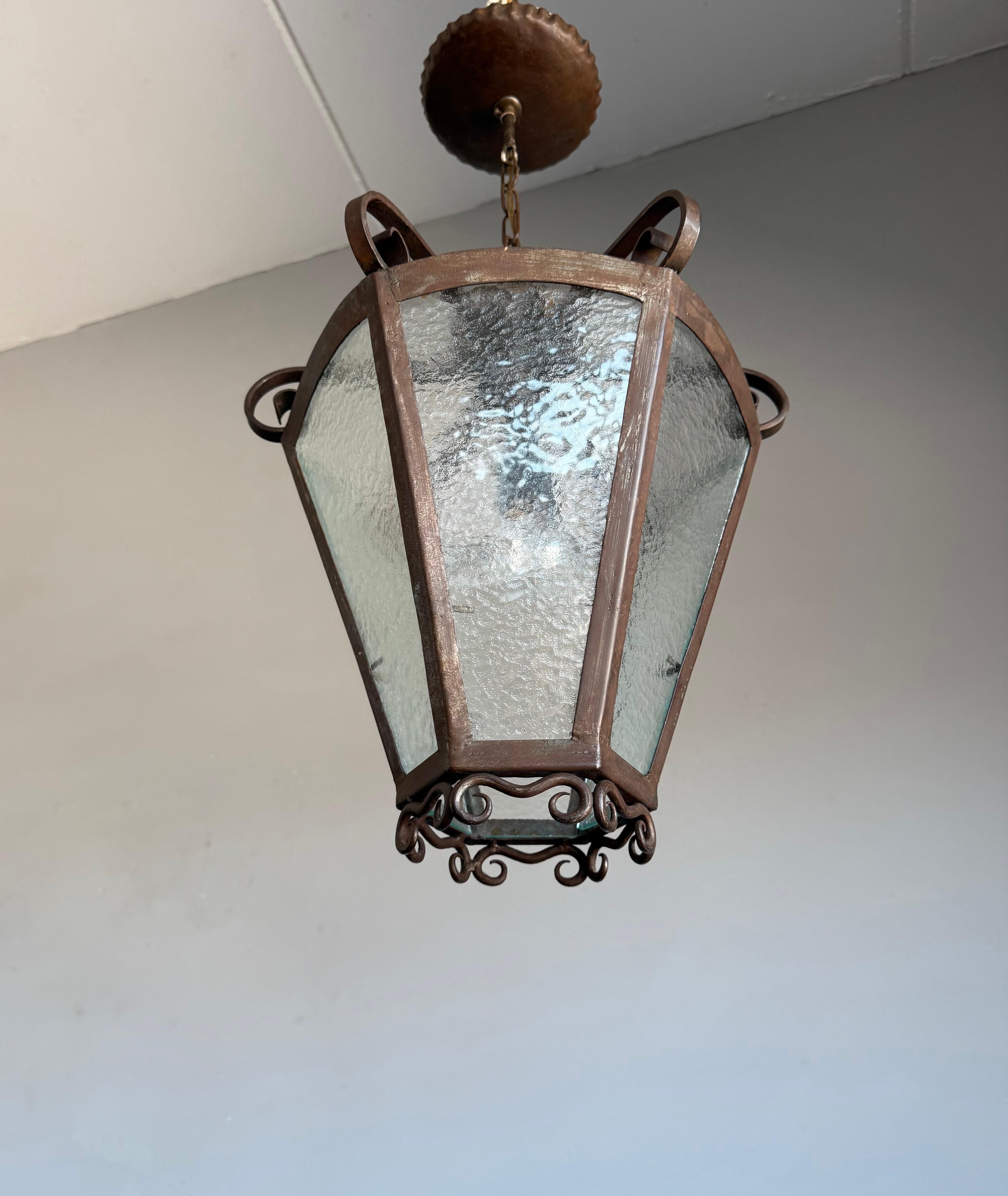 Rare Arts & Crafts Pendant Lantern, Handcrafted Wrought Iron & Cathedral Glass For Sale 5
