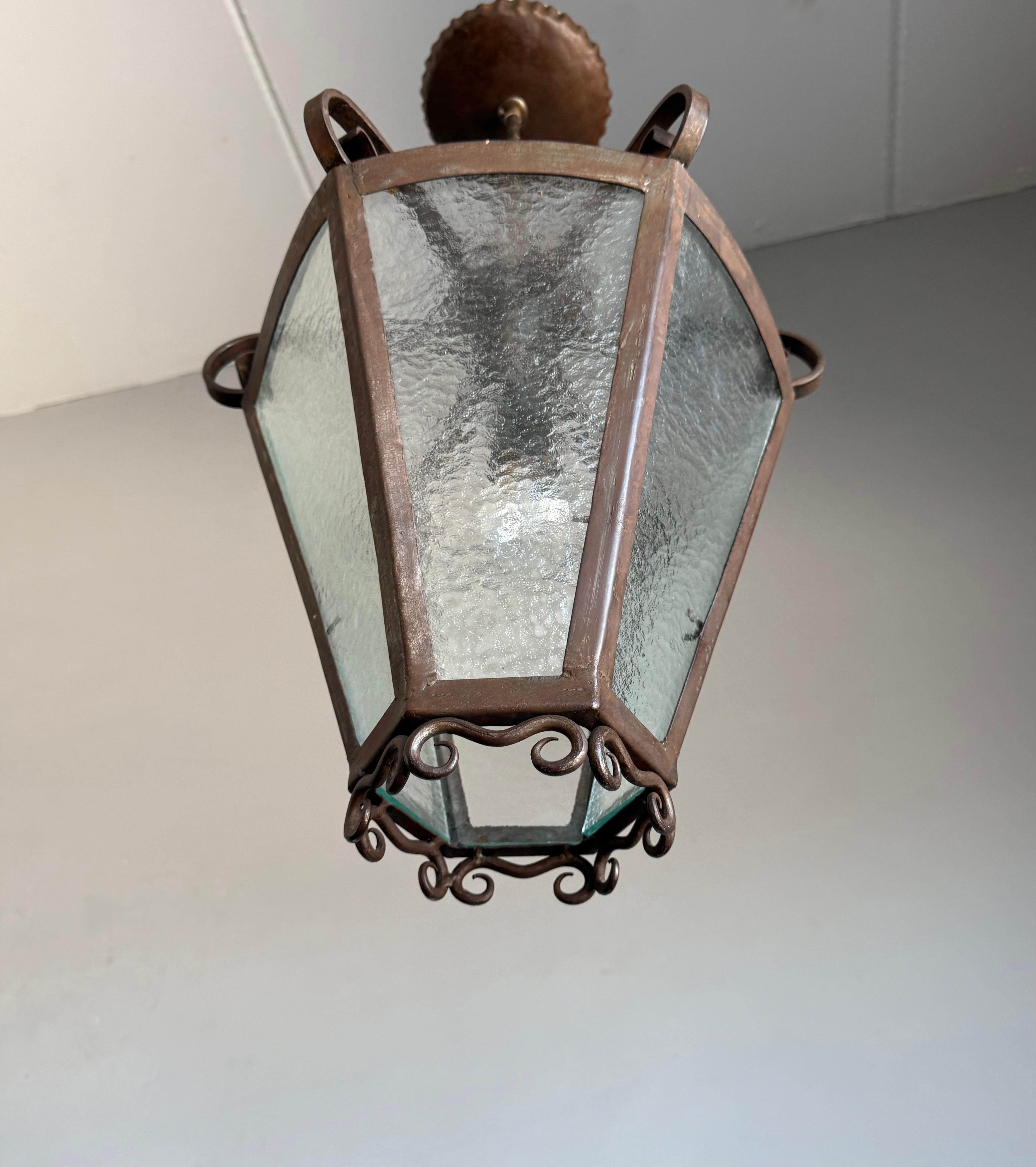 Rare Arts & Crafts Pendant Lantern, Handcrafted Wrought Iron & Cathedral Glass For Sale 6