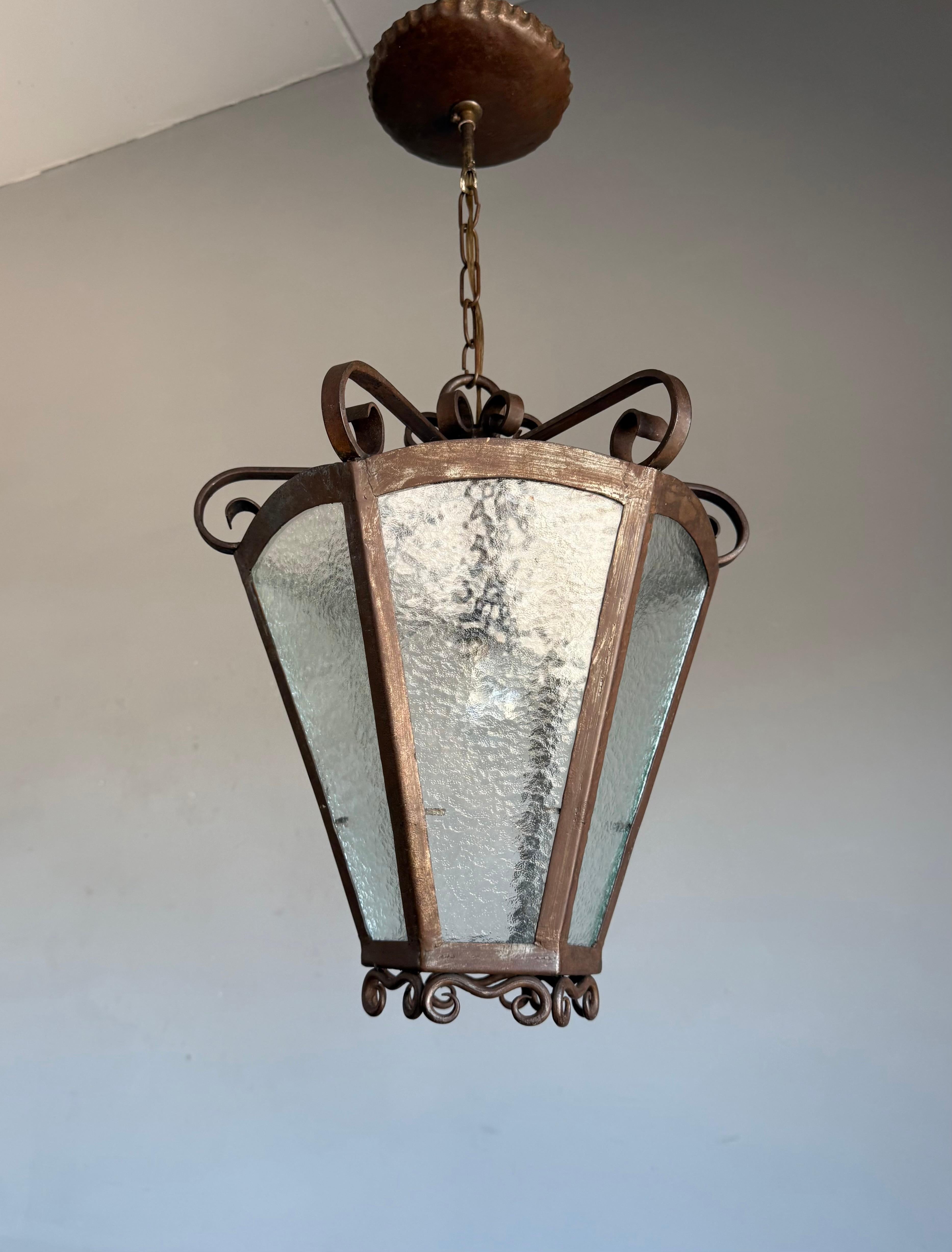 Rare Arts & Crafts Pendant Lantern, Handcrafted Wrought Iron & Cathedral Glass For Sale 7