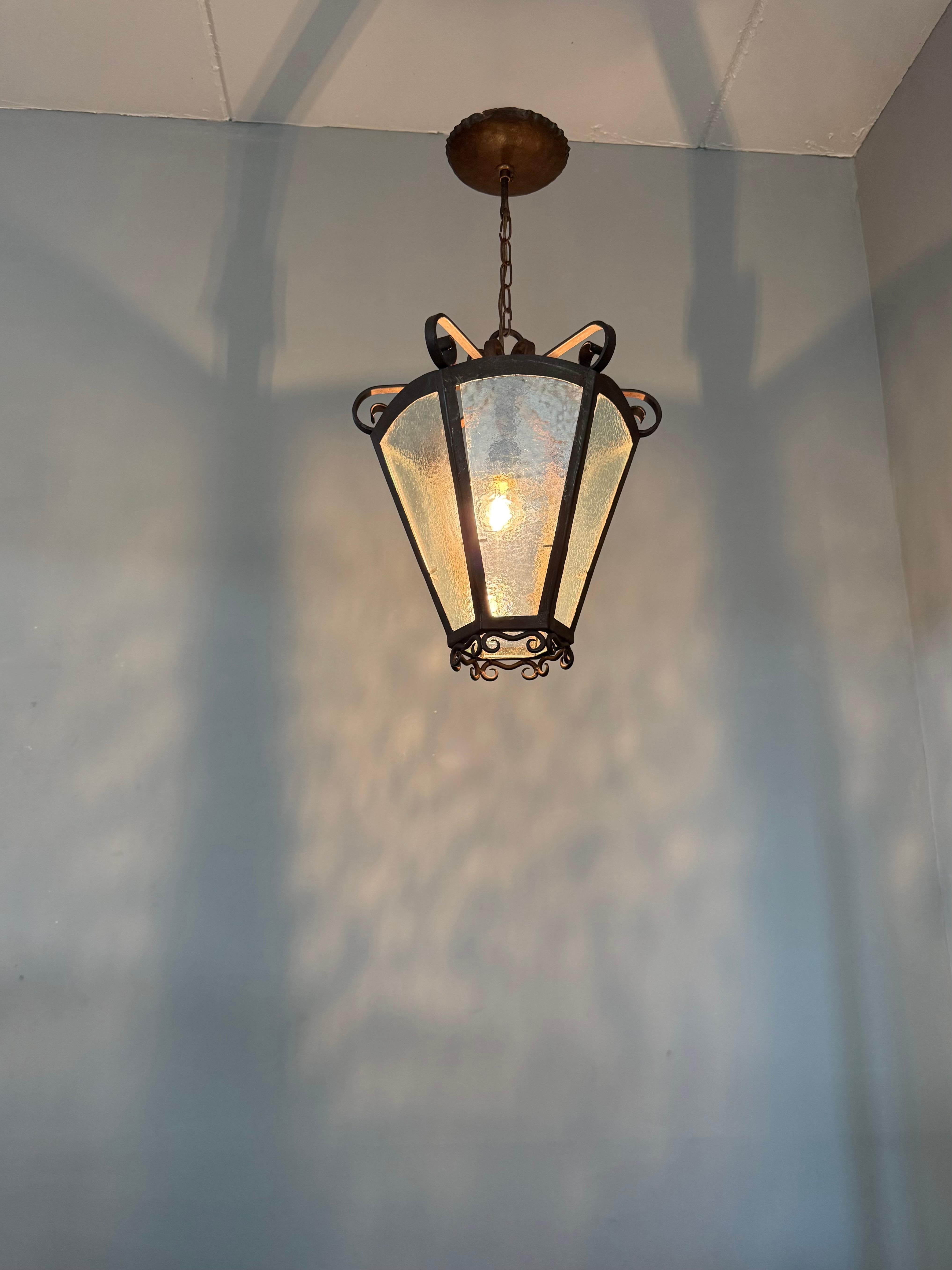 Rare Arts & Crafts Pendant Lantern, Handcrafted Wrought Iron & Cathedral Glass For Sale 8