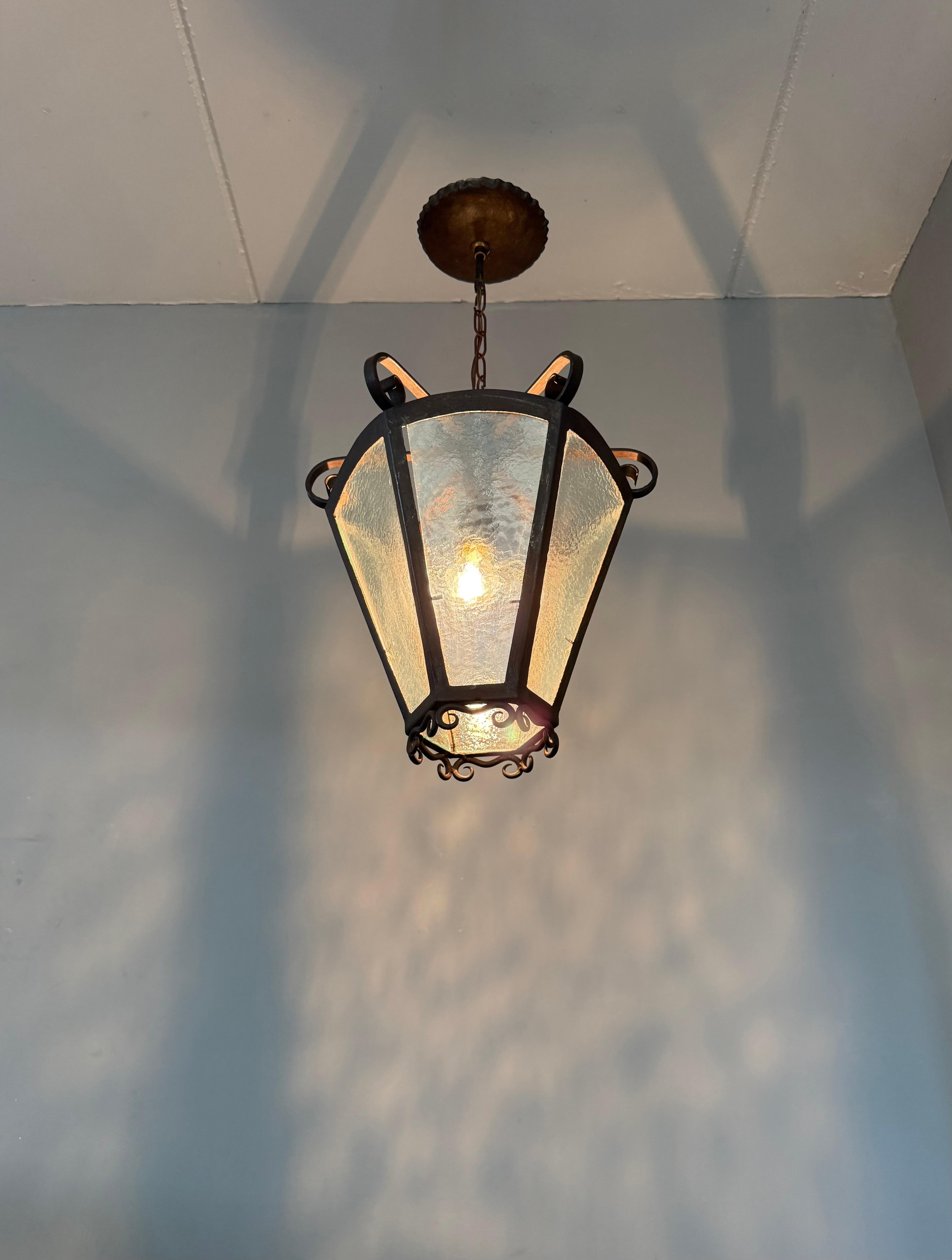 Rare Arts & Crafts Pendant Lantern, Handcrafted Wrought Iron & Cathedral Glass For Sale 9