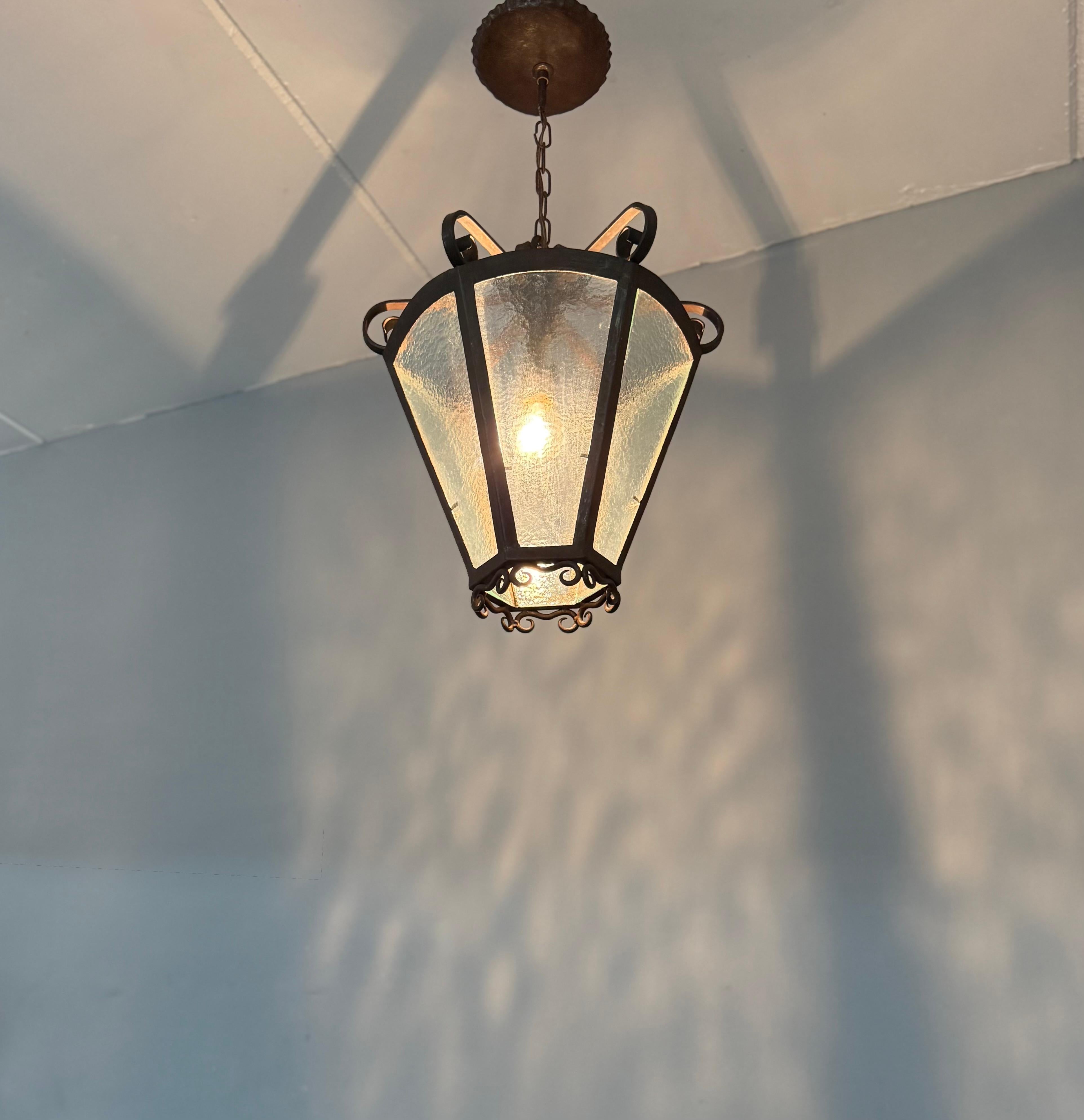 Rare Arts & Crafts Pendant Lantern, Handcrafted Wrought Iron & Cathedral Glass For Sale 10