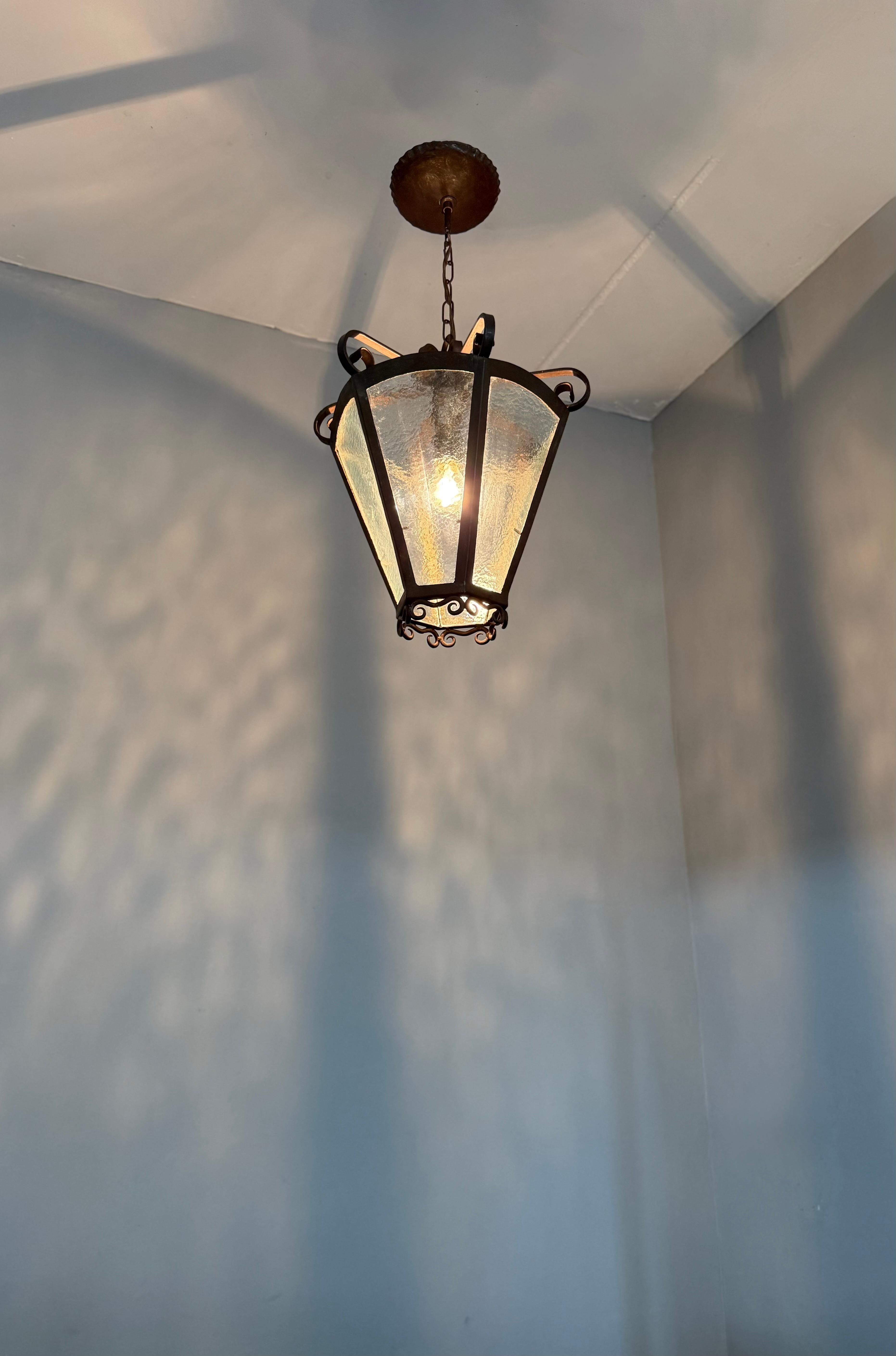 Rare Arts & Crafts Pendant Lantern, Handcrafted Wrought Iron & Cathedral Glass For Sale 11