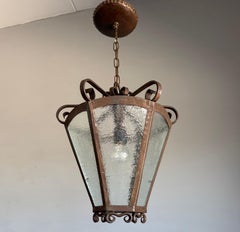 Rare Arts & Crafts Pendant Lantern, Handcrafted Wrought Iron & Cathedral Glass