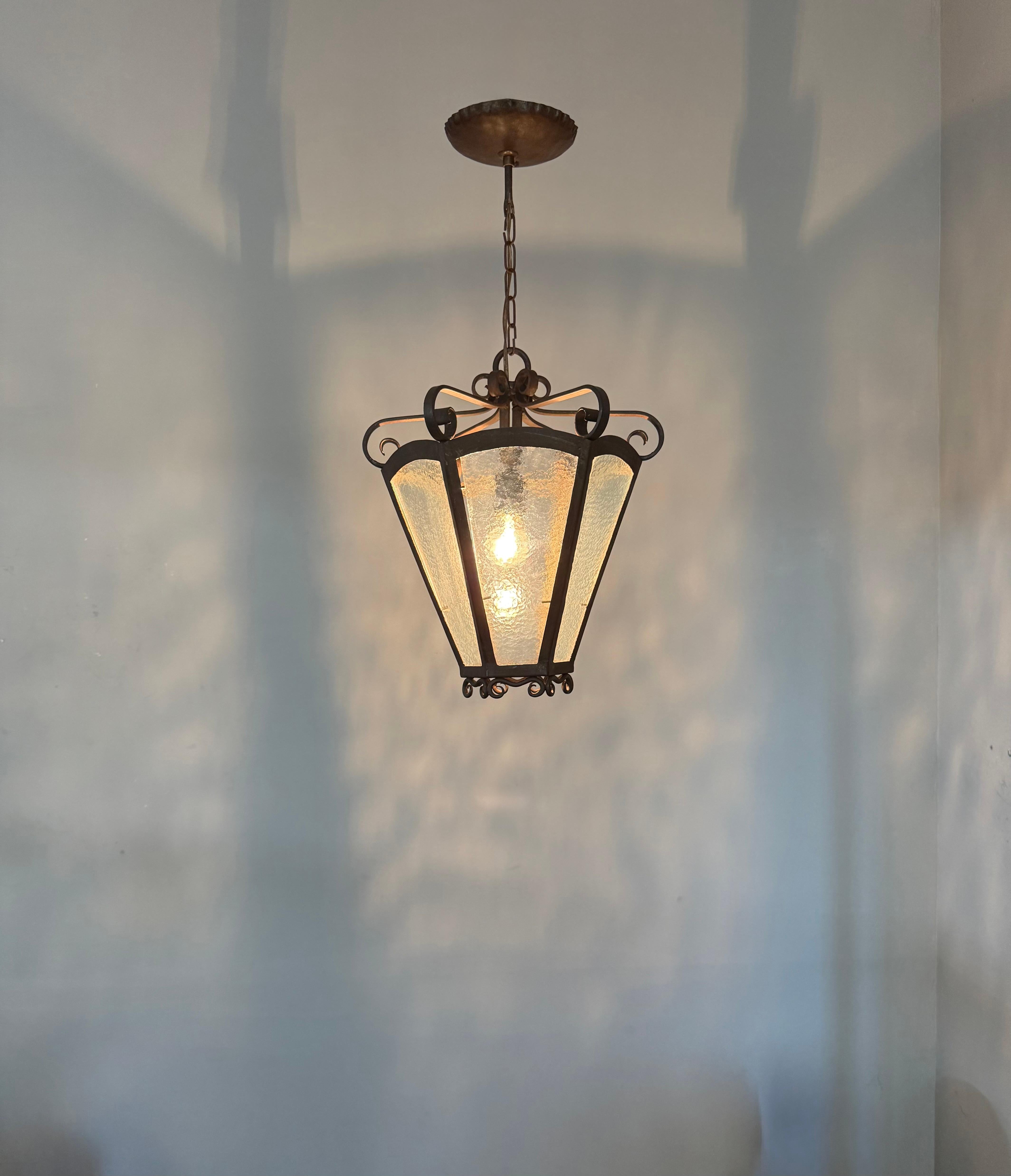 Arts and Crafts Rare Arts & Crafts Pendant Lantern, Handcrafted Wrought Iron & Cathedral Glass For Sale