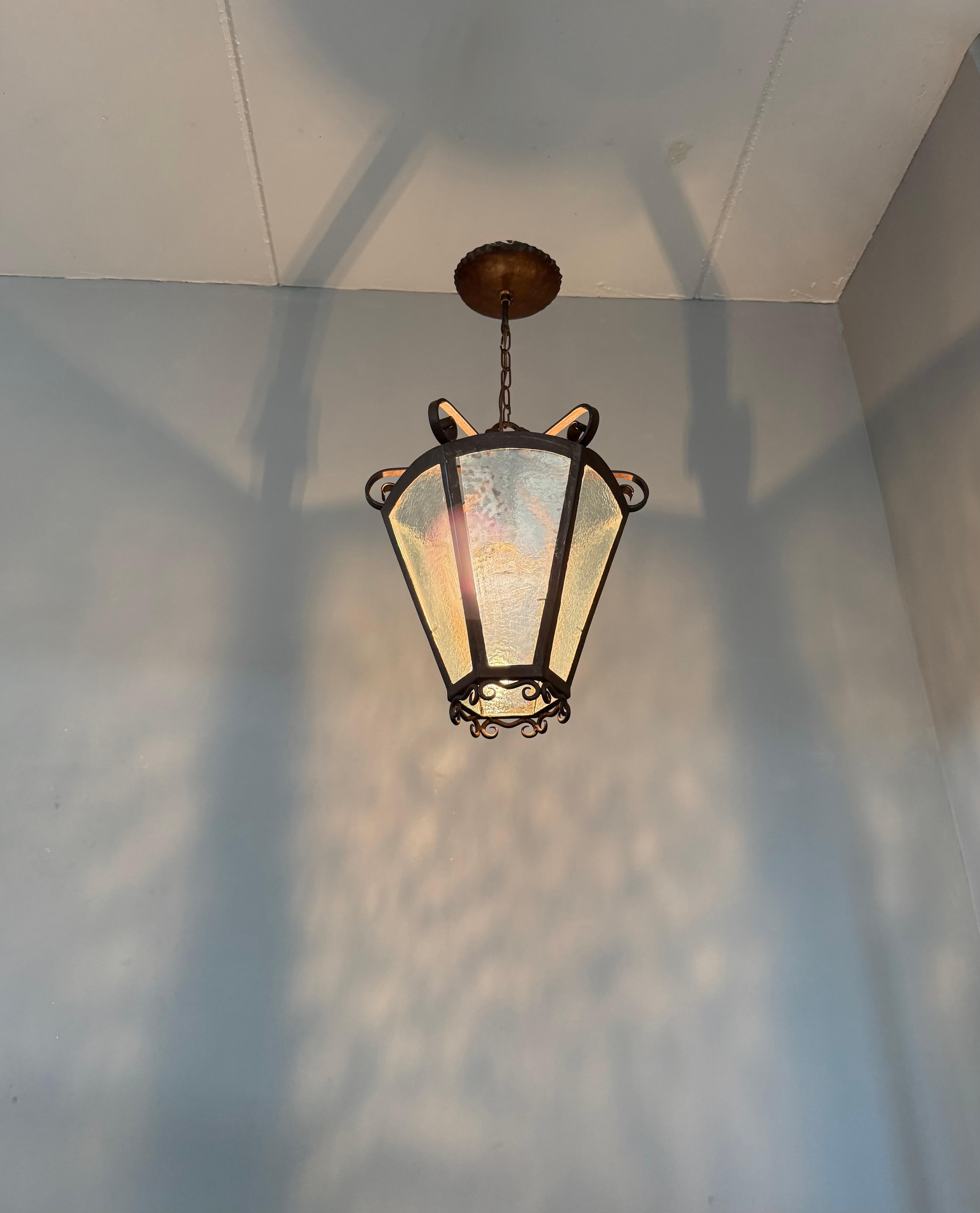 Cast Rare Arts & Crafts Pendant Lantern, Handcrafted Wrought Iron & Cathedral Glass For Sale