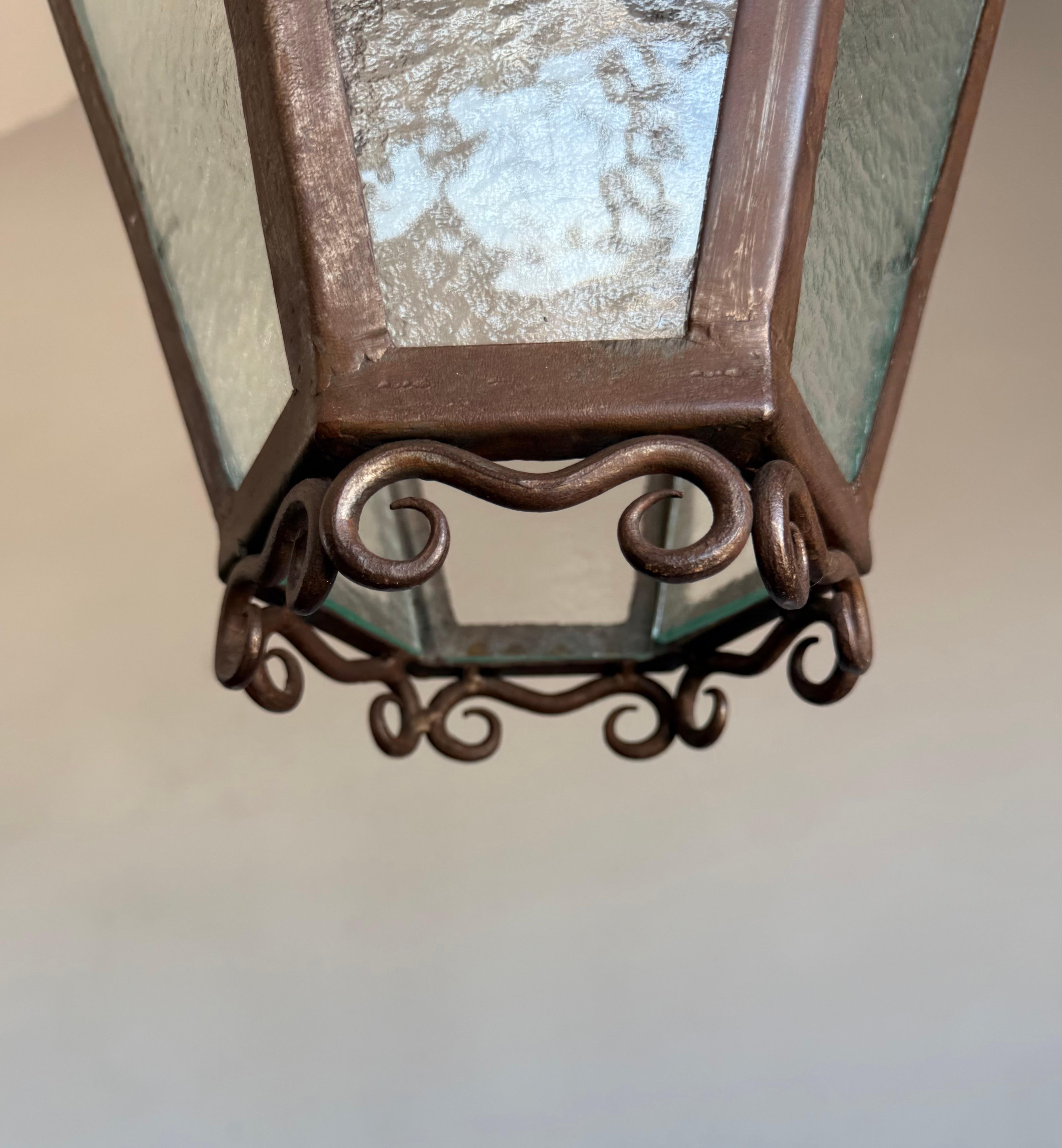 20th Century Rare Arts & Crafts Pendant Lantern, Handcrafted Wrought Iron & Cathedral Glass For Sale