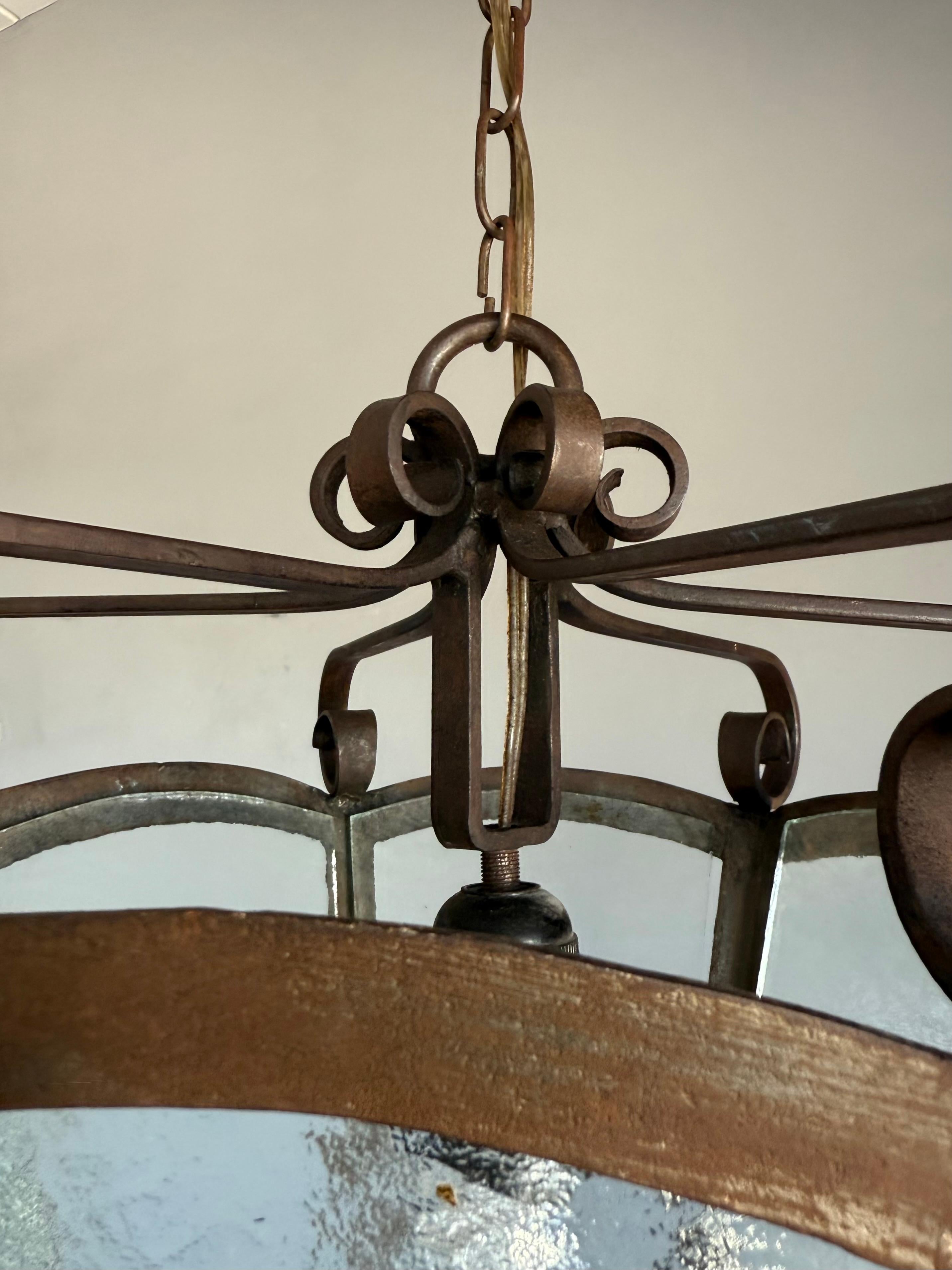 Rare Arts & Crafts Pendant Lantern, Handcrafted Wrought Iron & Cathedral Glass For Sale 1