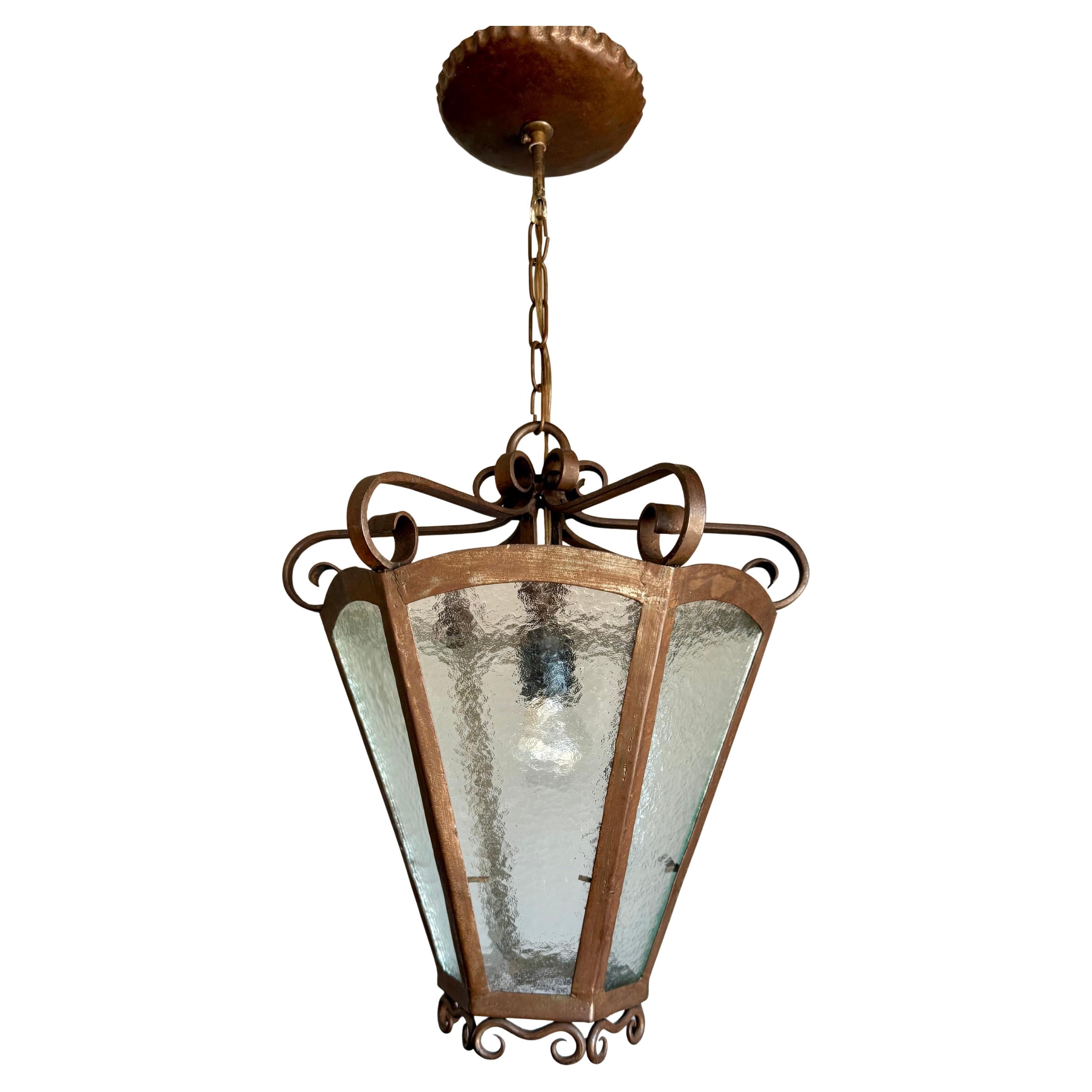 Rare Arts & Crafts Pendant Lantern, Handcrafted Wrought Iron & Cathedral Glass For Sale
