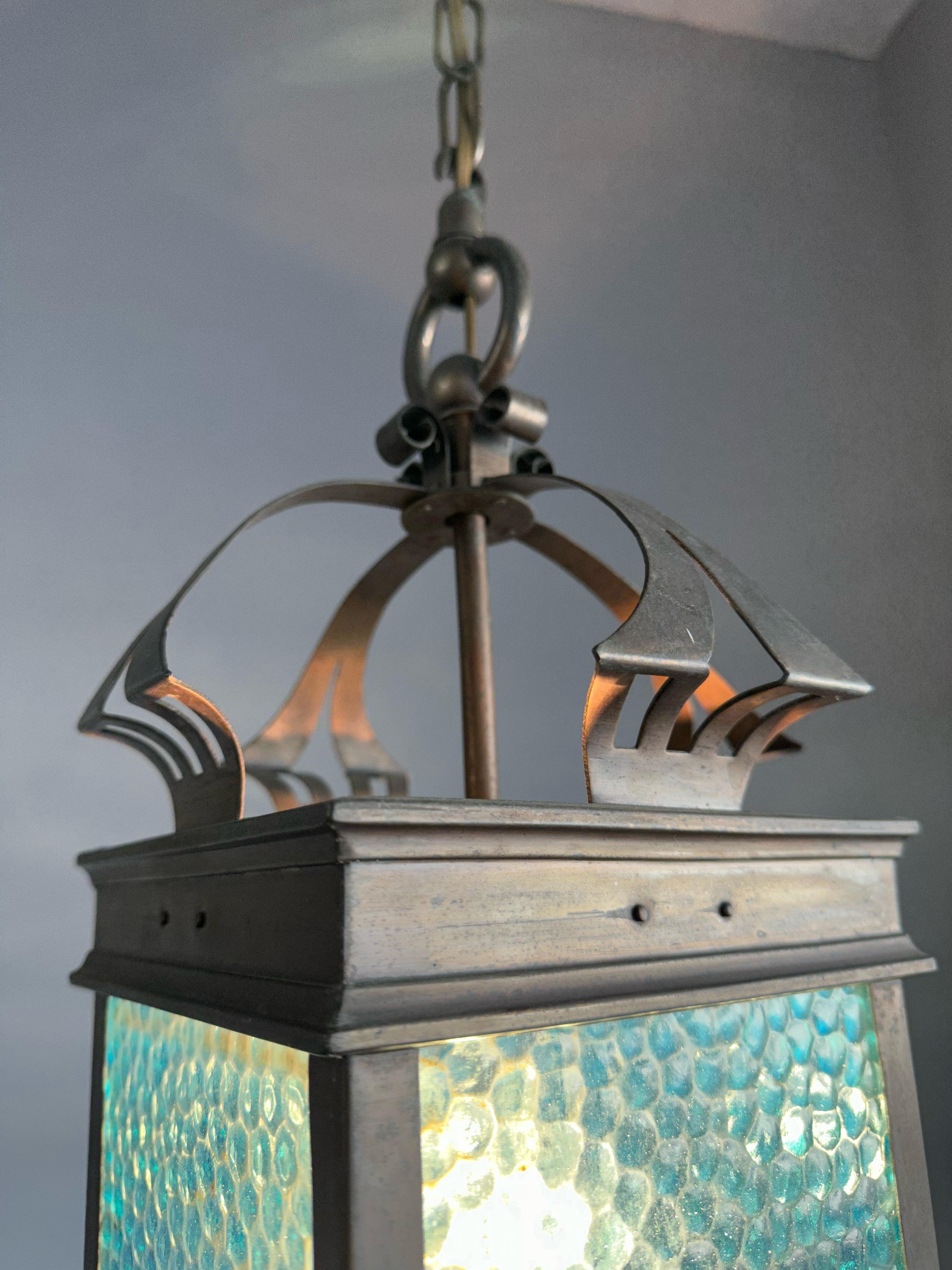 Rare Arts & Crafts Pendant Light / Lantern w. Copper & Sea Blue Cathedral Glass  For Sale 1
