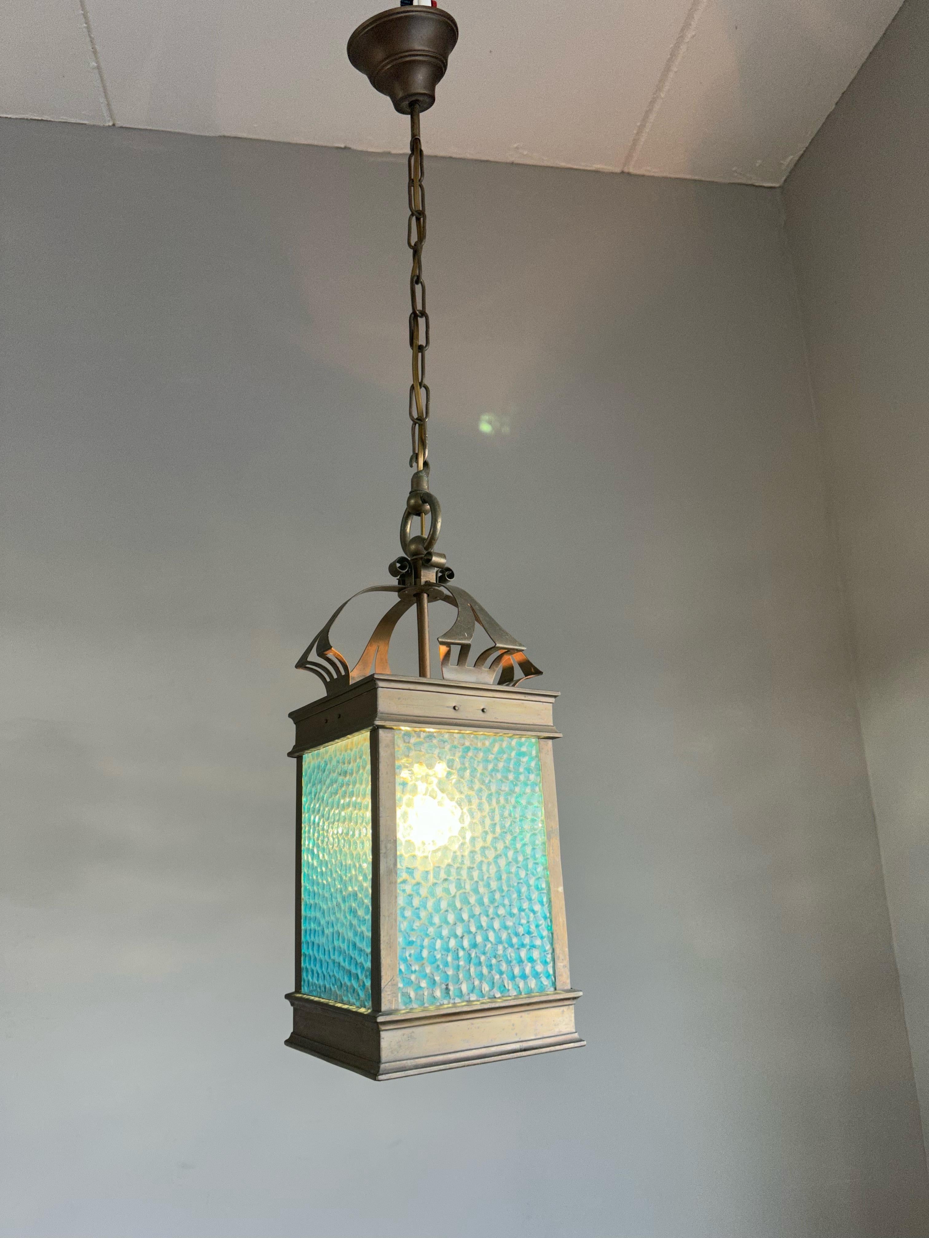 Art Glass Rare Arts & Crafts Pendant Light / Lantern w. Copper & Sea Blue Cathedral Glass  For Sale