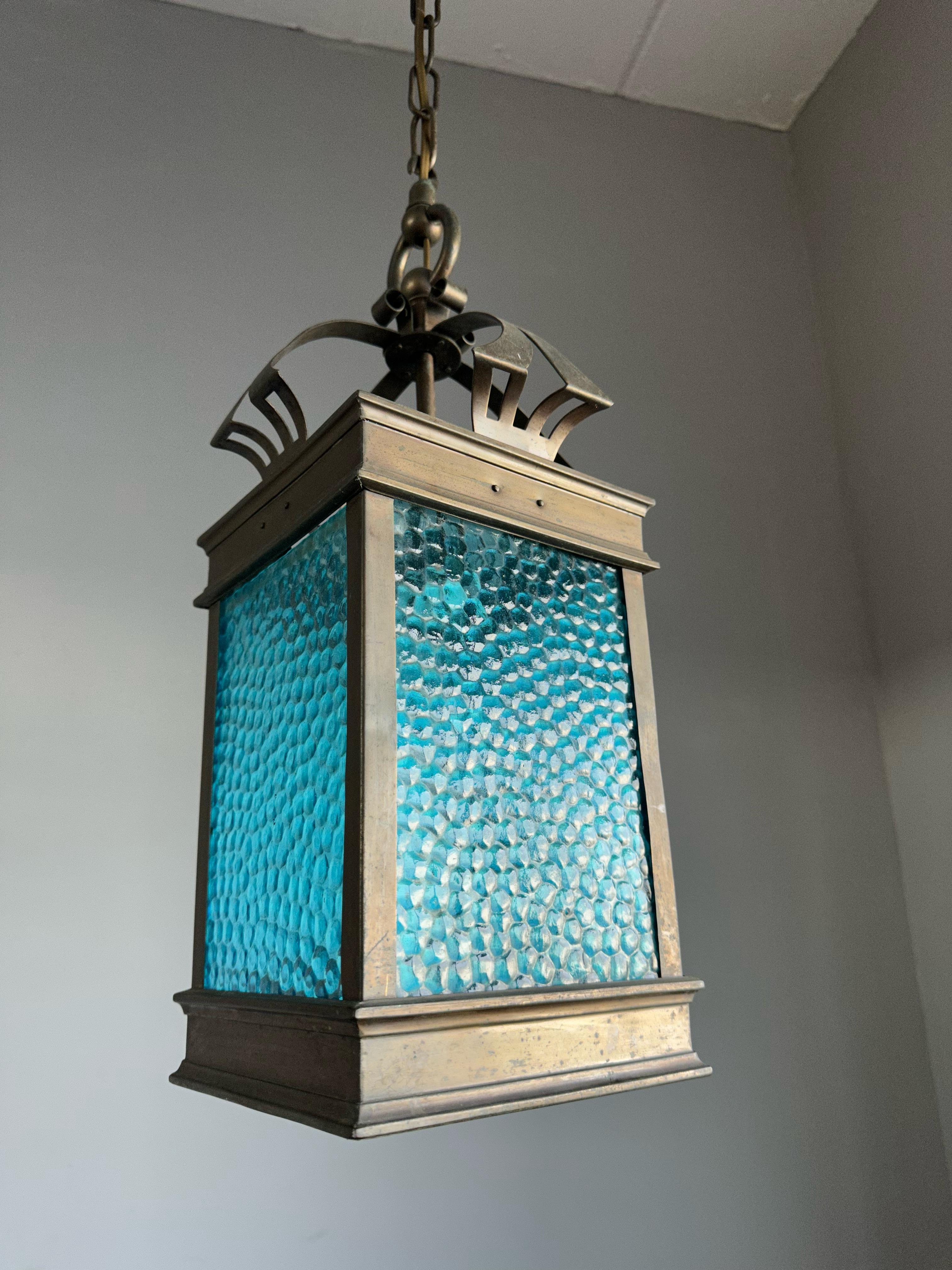 Rare Arts & Crafts Pendant Light / Lantern w. Copper & Sea Blue Cathedral Glass  For Sale 4