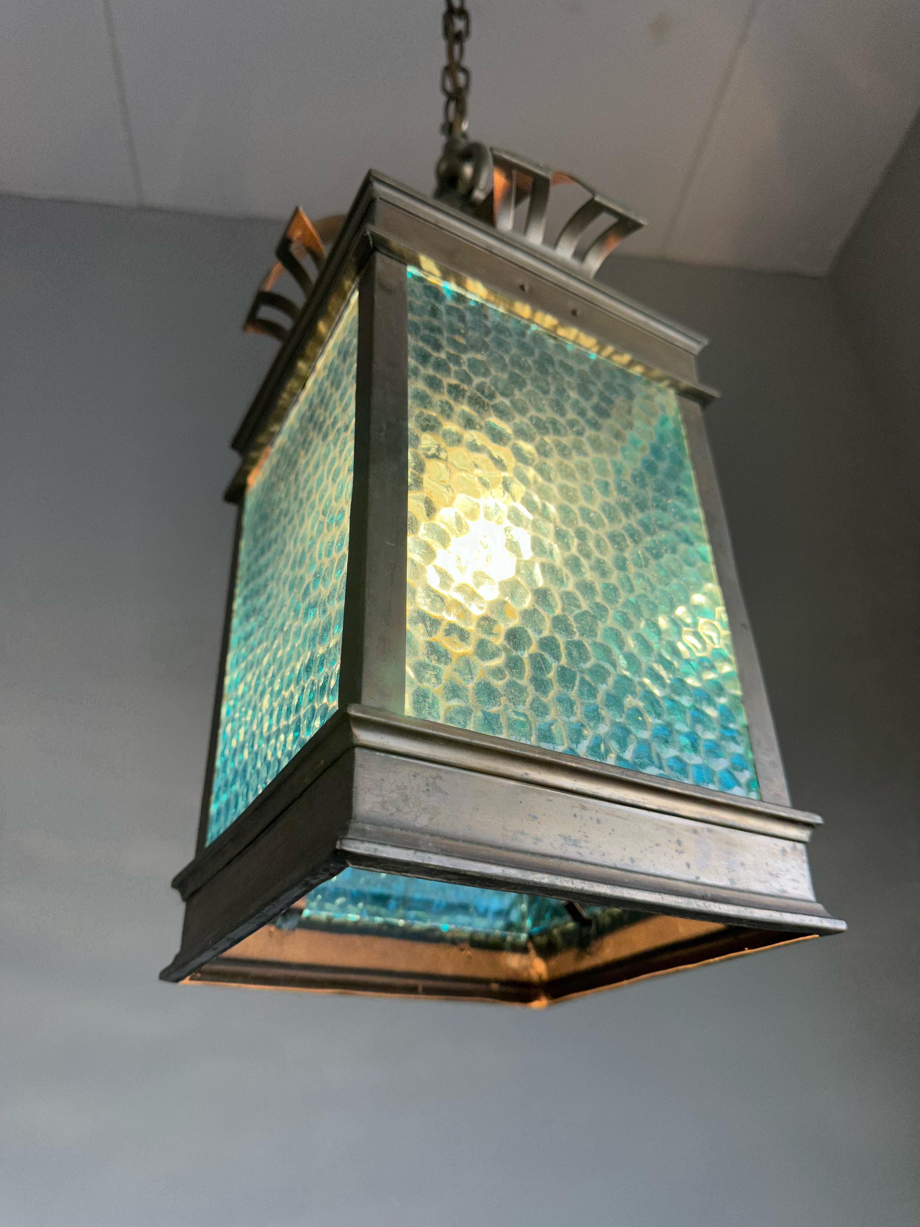 Rare Arts & Crafts Pendant Light / Lantern w. Copper & Sea Blue Cathedral Glass  For Sale 5