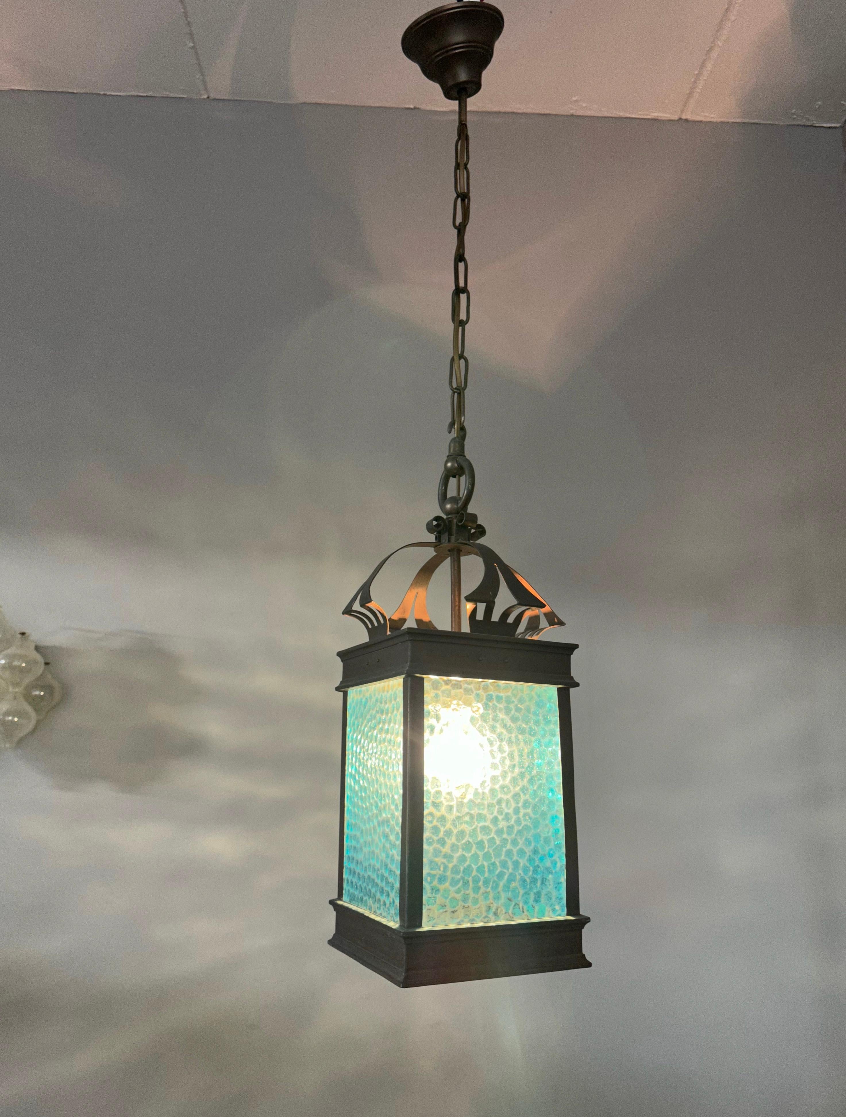 Rare Arts & Crafts Pendant Light / Lantern w. Copper & Sea Blue Cathedral Glass  For Sale 6