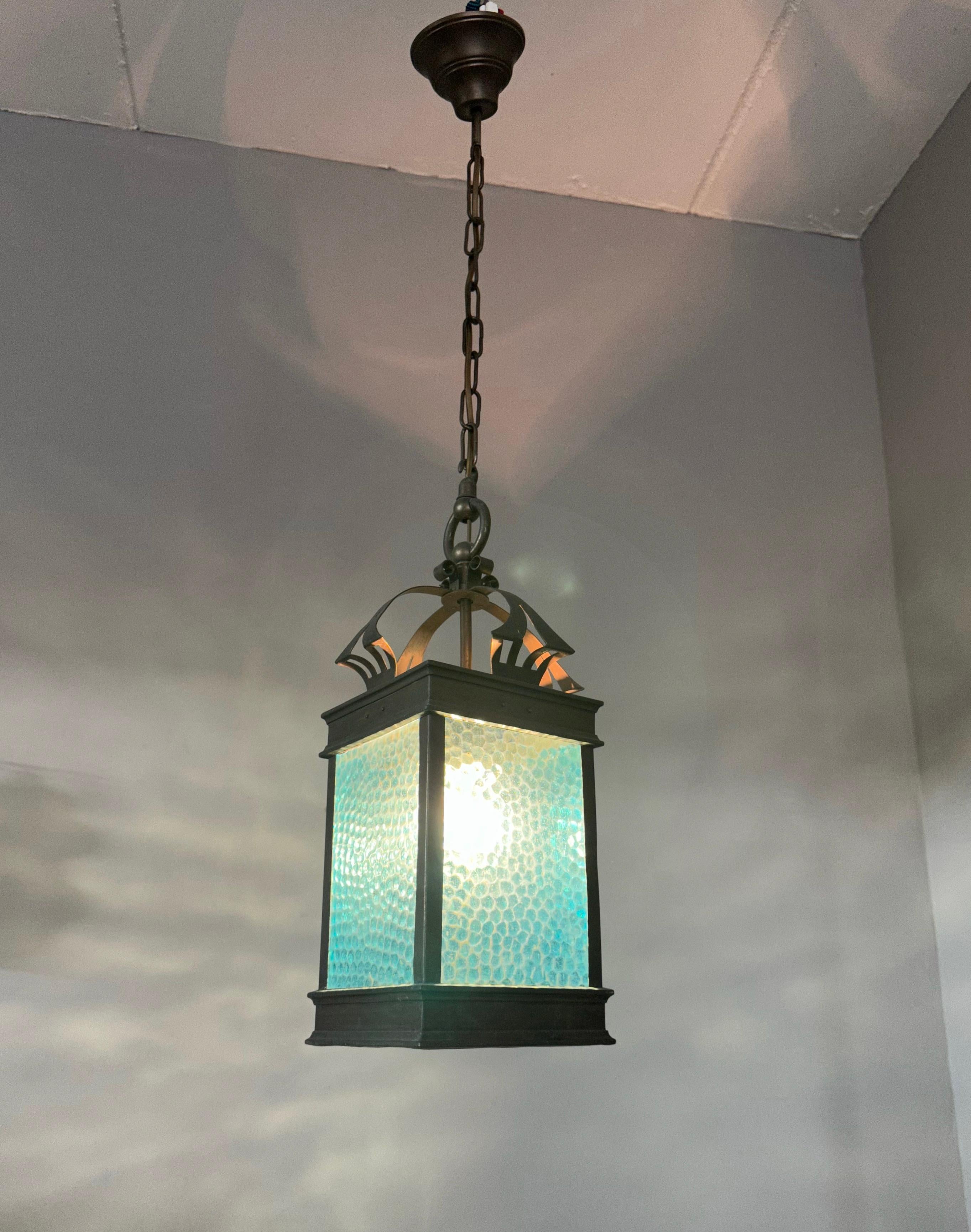 Rare Arts & Crafts Pendant Light / Lantern w. Copper & Sea Blue Cathedral Glass  For Sale 7