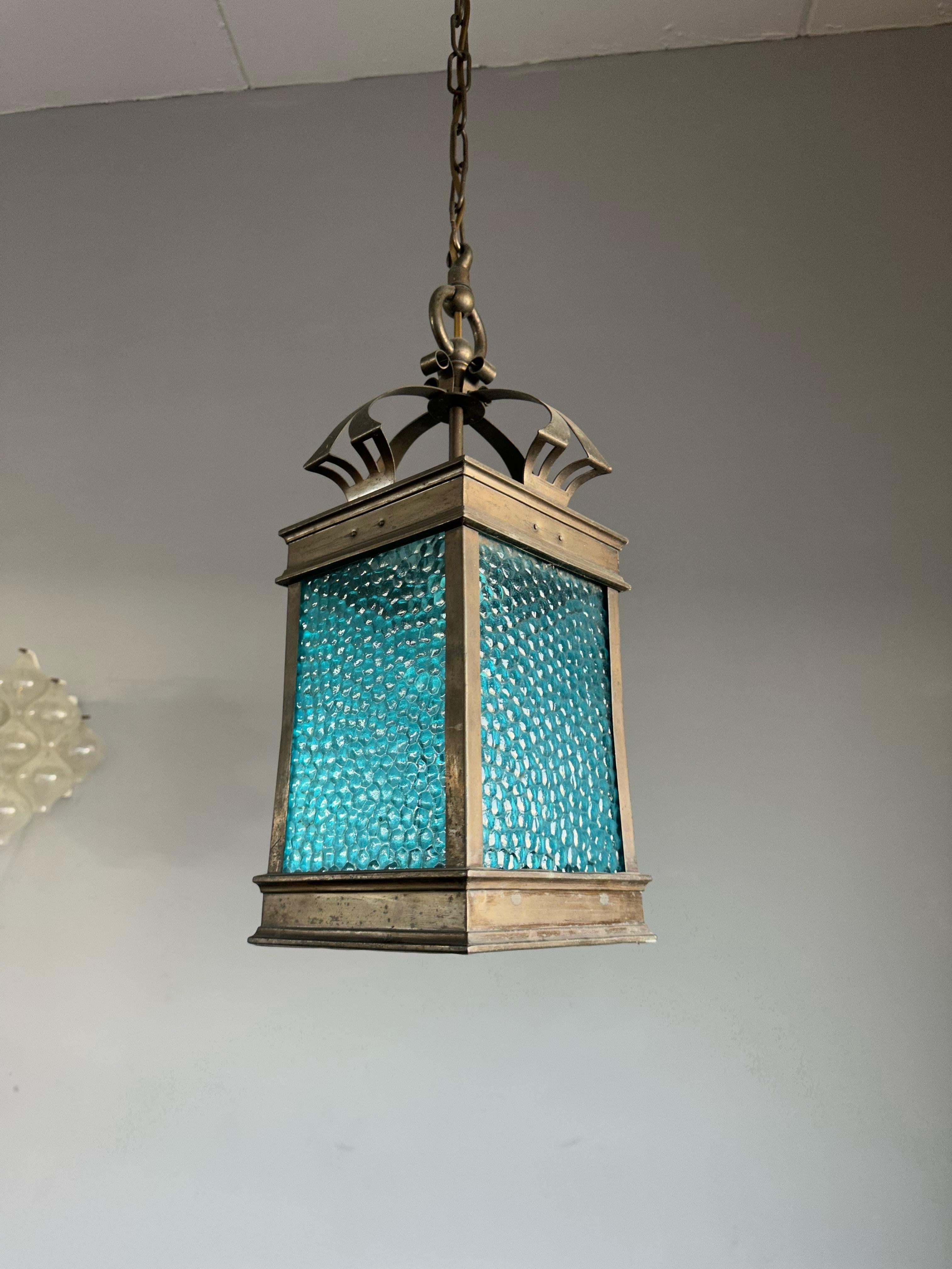 Rare Arts & Crafts Pendant Light / Lantern w. Copper & Sea Blue Cathedral Glass  For Sale 10