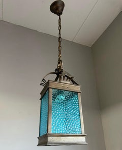Rare Arts & Crafts Pendant Light / Lantern w. Copper & Sea Blue Cathedral Glass