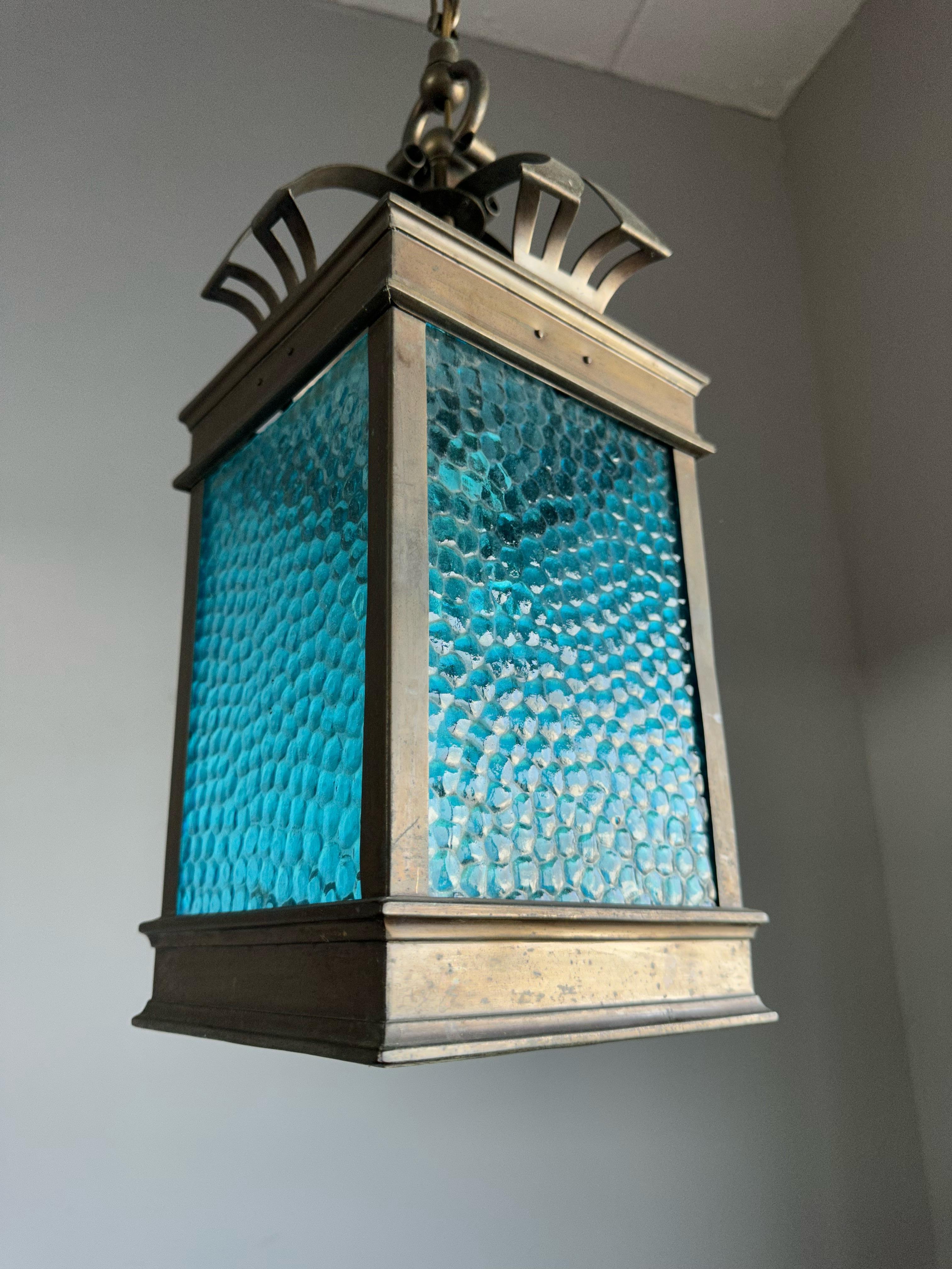 European Rare Arts & Crafts Pendant Light / Lantern w. Copper & Sea Blue Cathedral Glass  For Sale