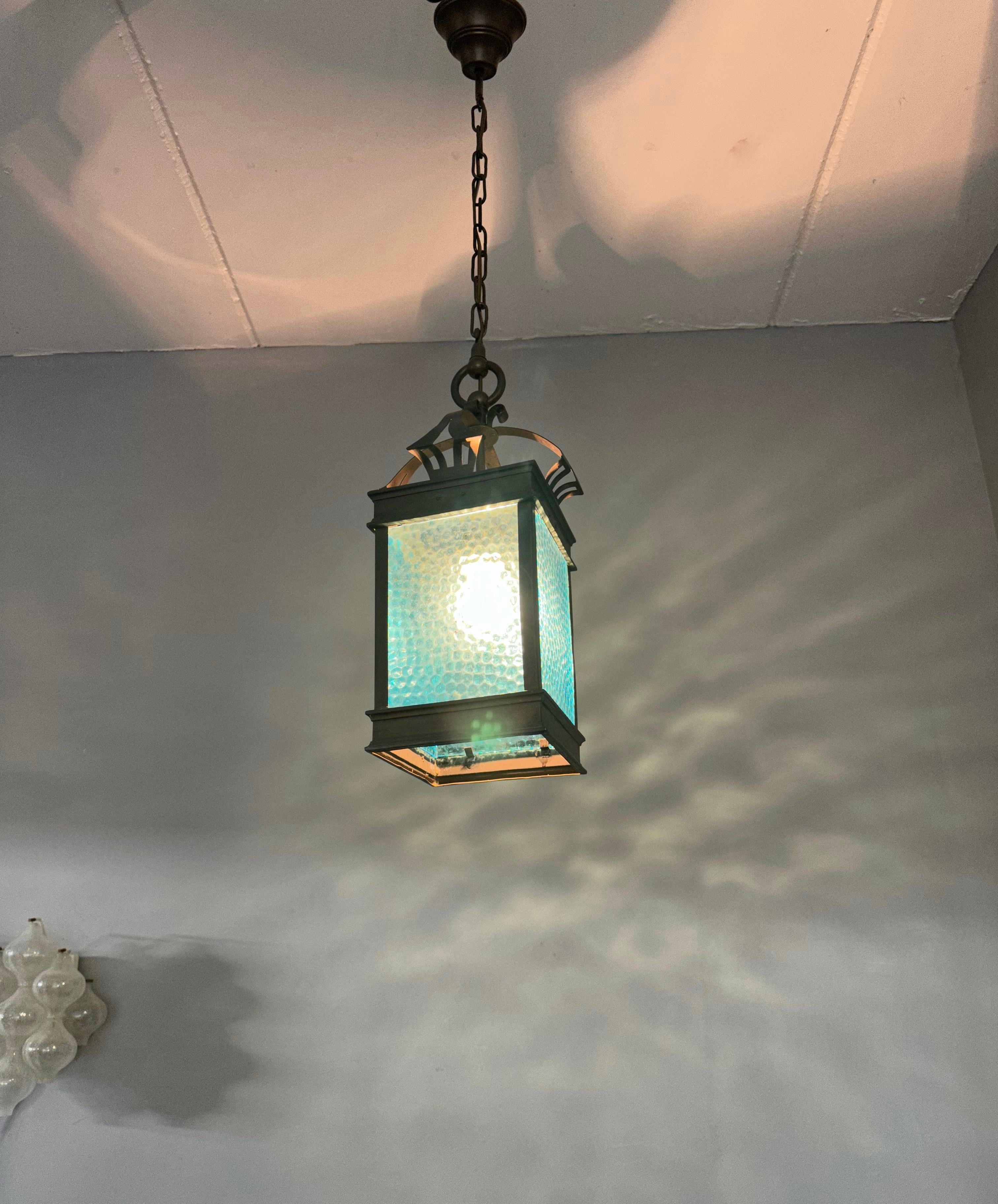 Hand-Crafted Rare Arts & Crafts Pendant Light / Lantern w. Copper & Sea Blue Cathedral Glass  For Sale