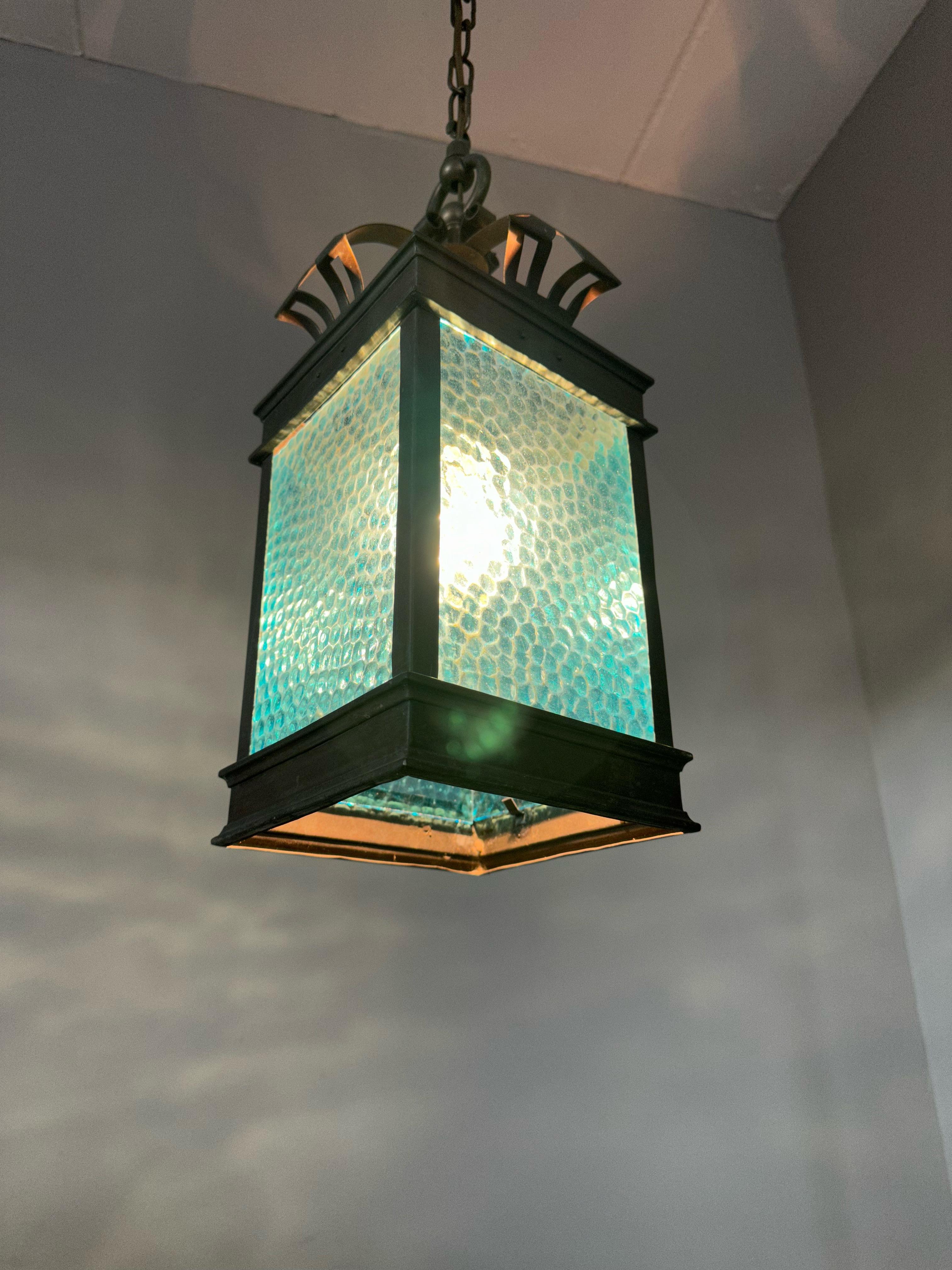 European Rare Arts & Crafts Pendant Light / Lantern w. Copper & Sea Blue Cathedral Glass  For Sale