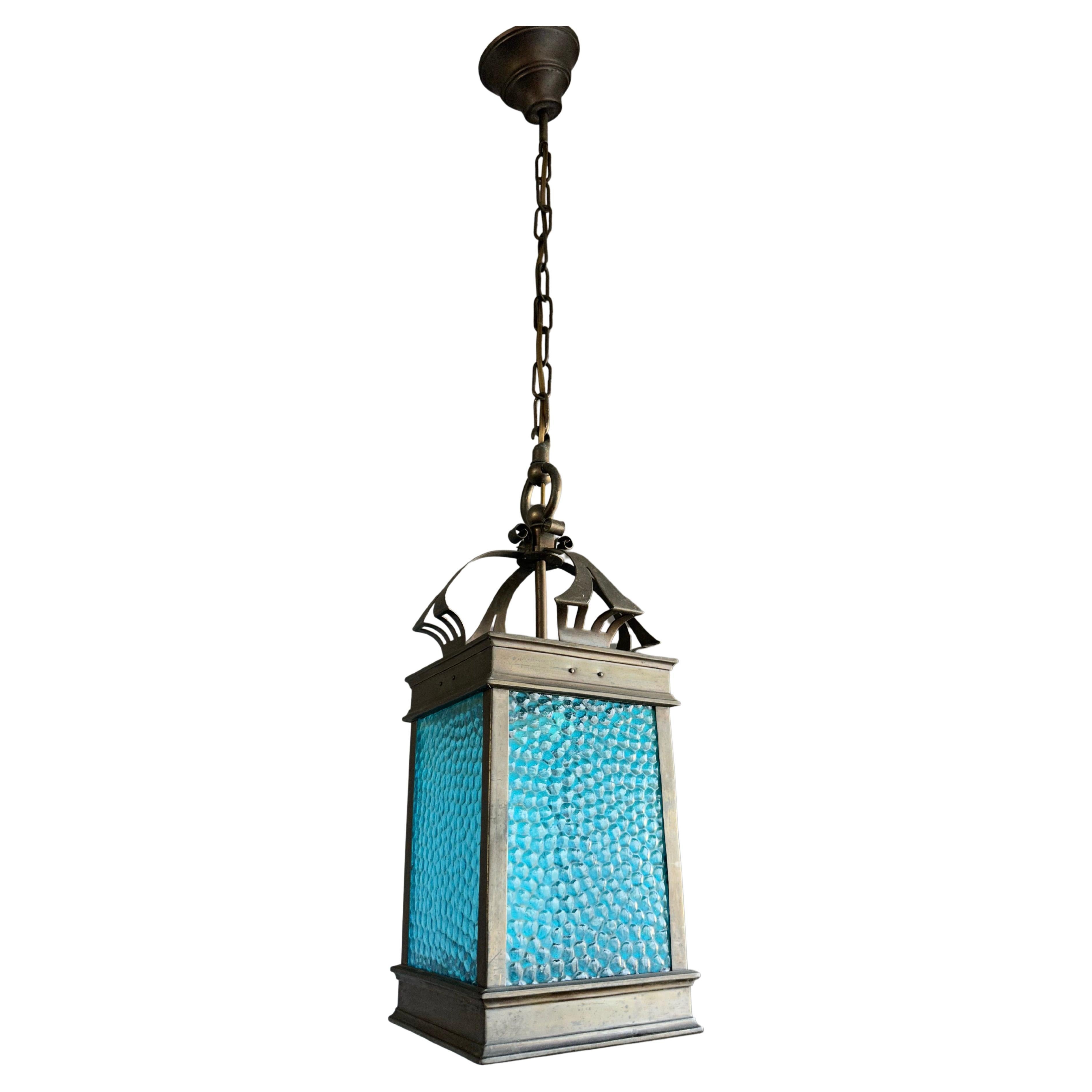 Rare Arts & Crafts Pendant Light / Lantern w. Copper & Sea Blue Cathedral Glass  For Sale