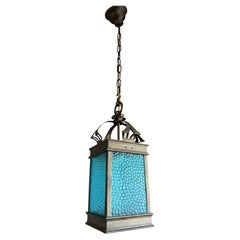 Antique Rare Arts & Crafts Pendant Light / Lantern w. Copper & Sea Blue Cathedral Glass 