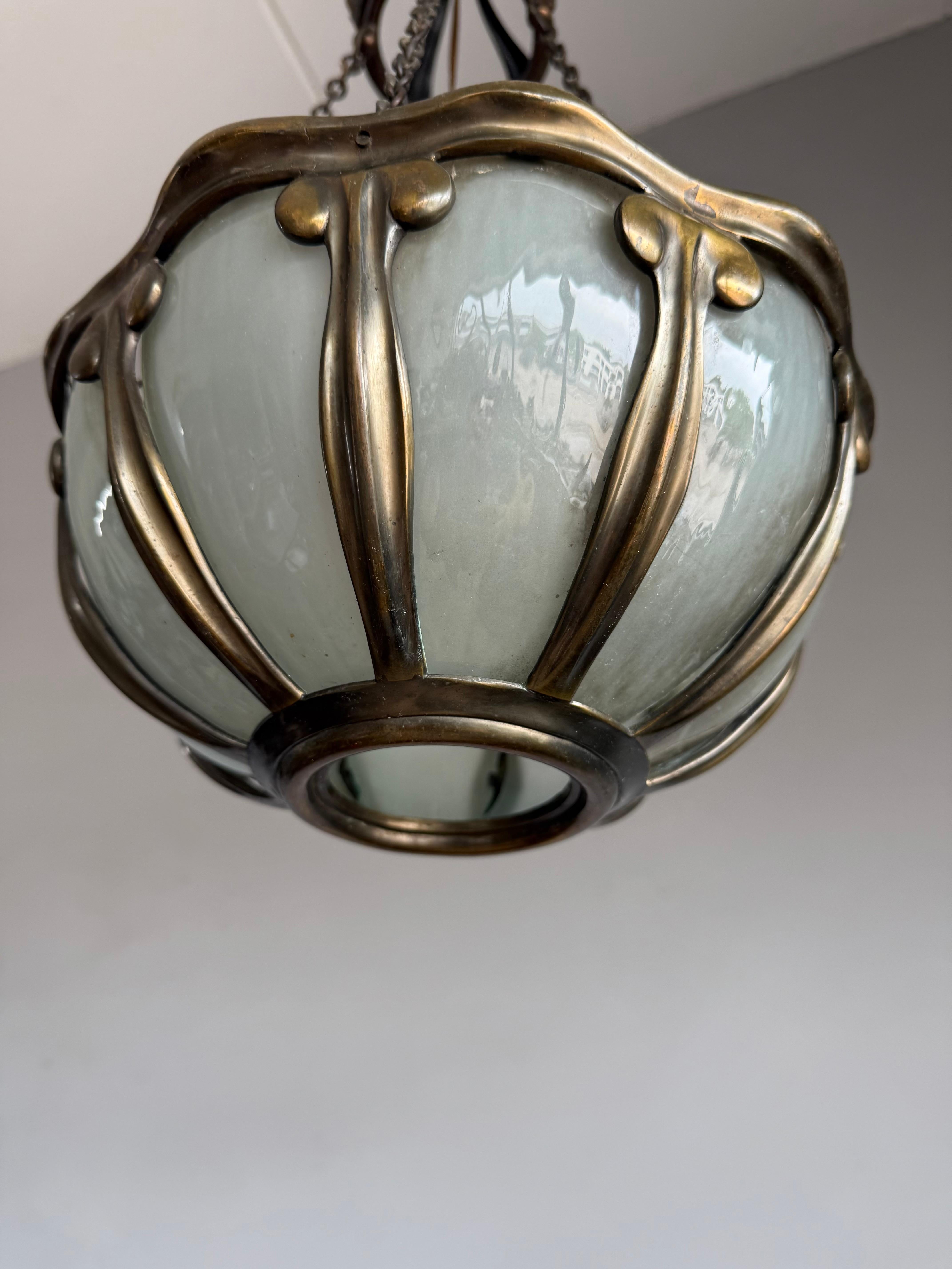Rare Arts & Crafts Pendant Light w Hand-Blown Art Glass and Bronze Mounts, c1900 For Sale 2