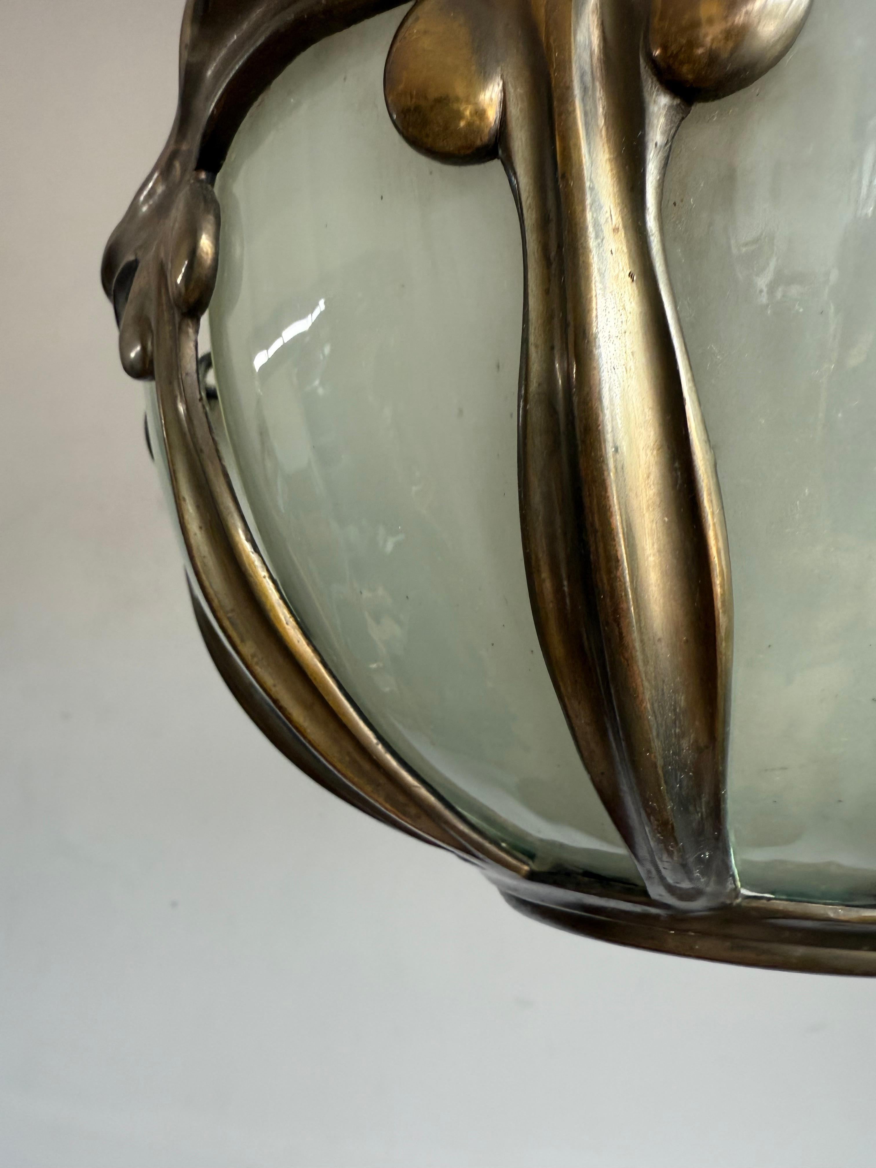 Rare Arts & Crafts Pendant Light w Hand-Blown Art Glass and Bronze Mounts, c1900 For Sale 3