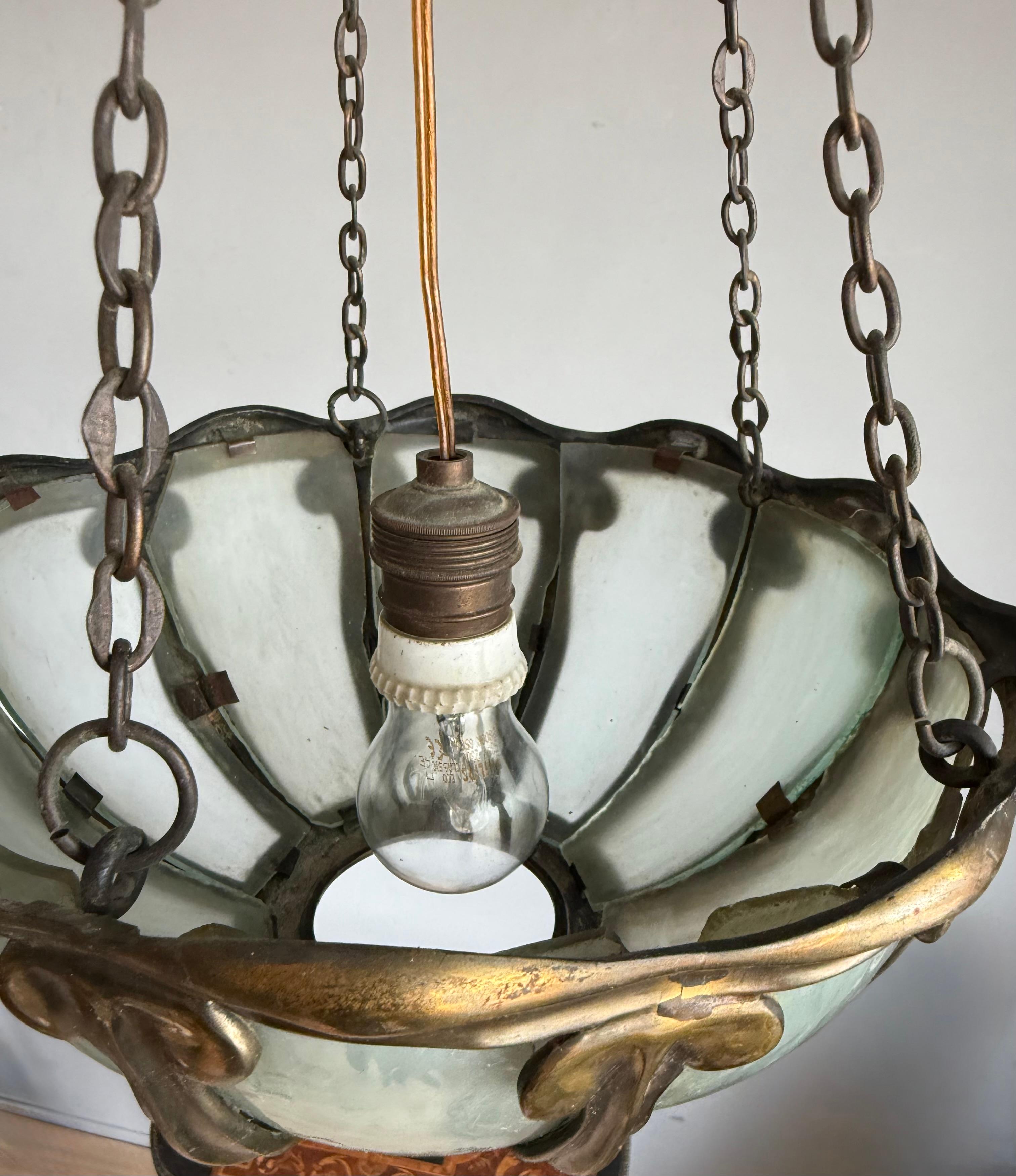 Rare Arts & Crafts Pendant Light w Hand-Blown Art Glass and Bronze Mounts, c1900 For Sale 4