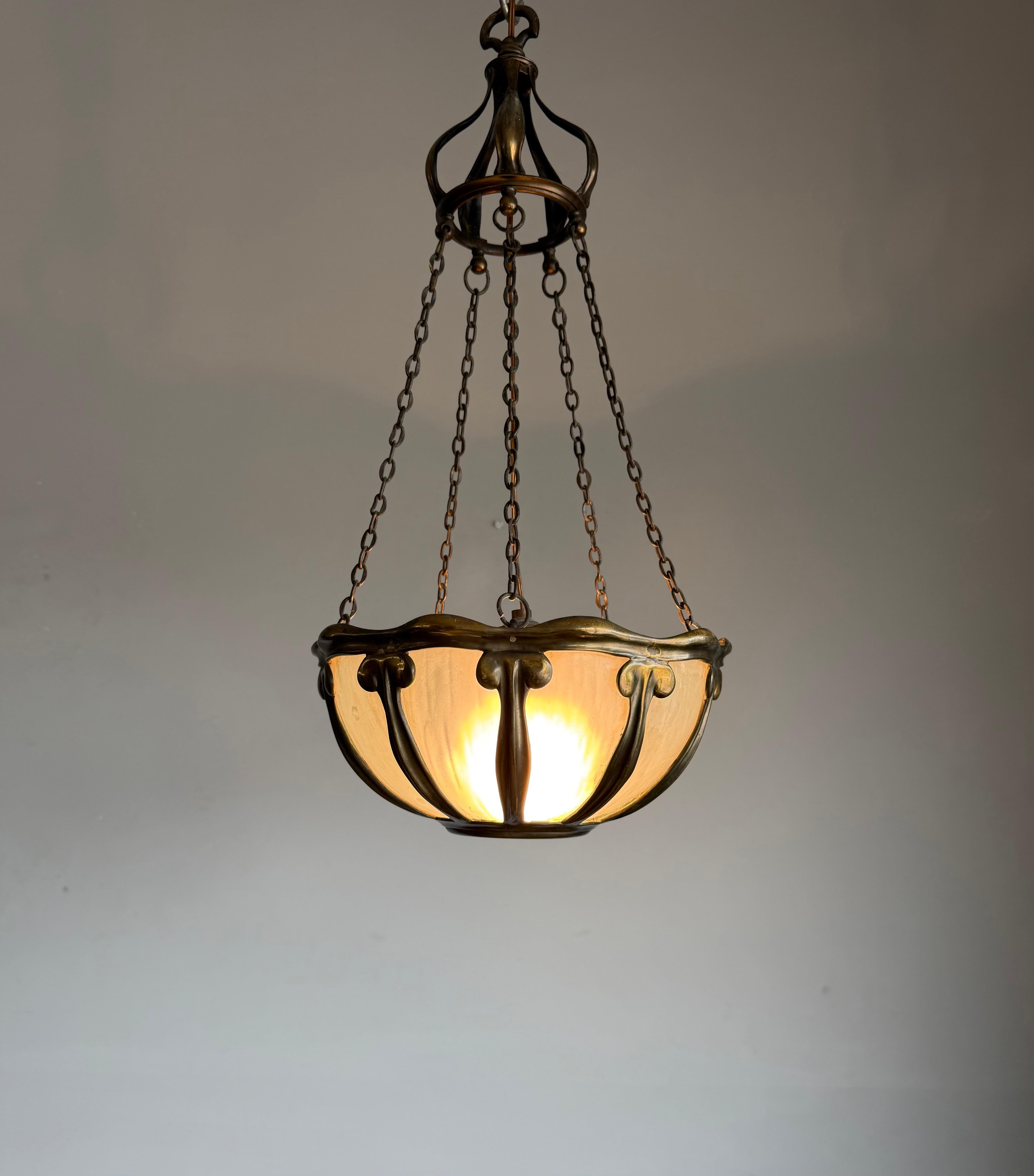 Rare Arts & Crafts Pendant Light w Hand-Blown Art Glass and Bronze Mounts, c1900 For Sale 5