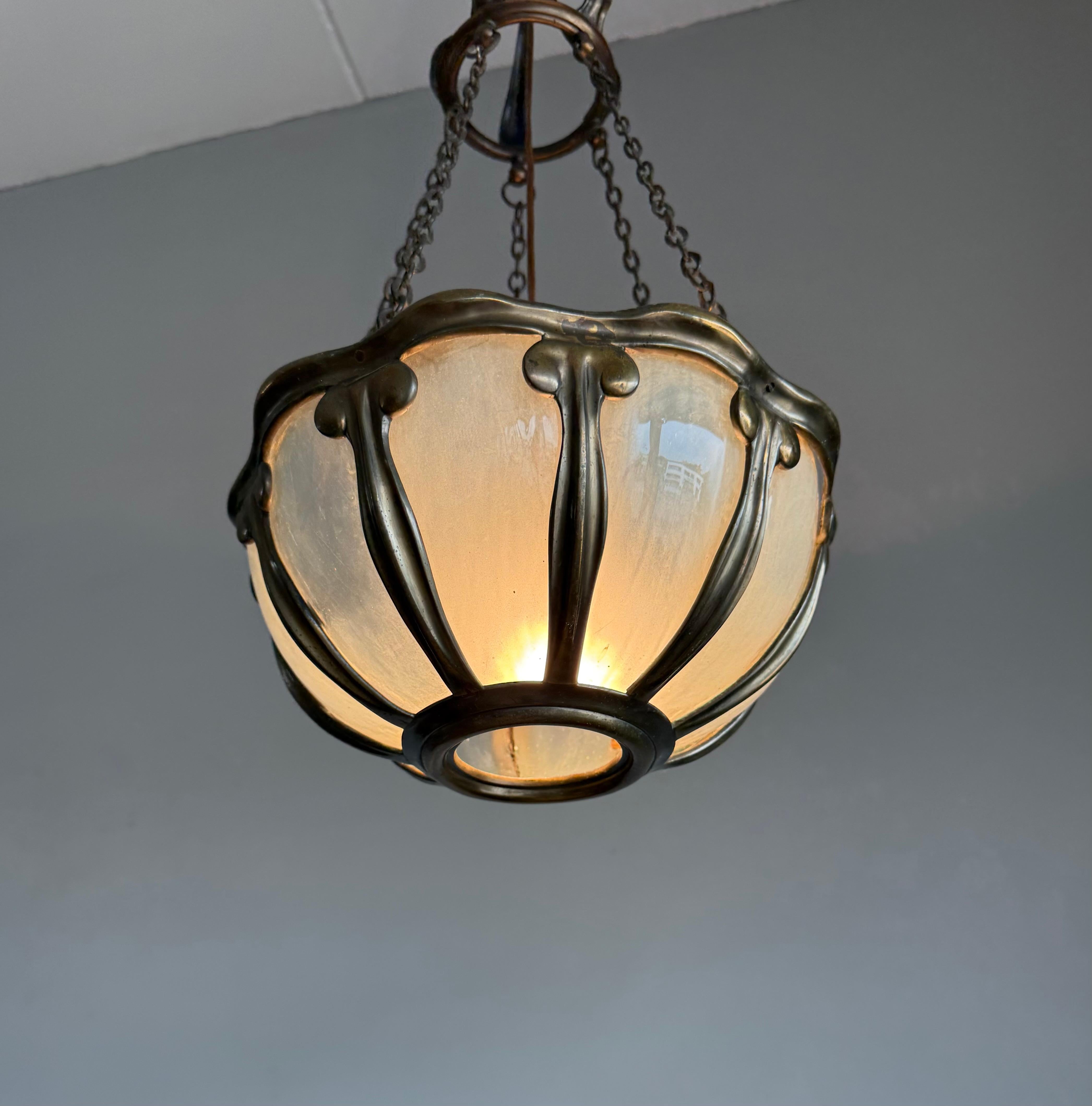 Rare Arts & Crafts Pendant Light w Hand-Blown Art Glass and Bronze Mounts, c1900 For Sale 6