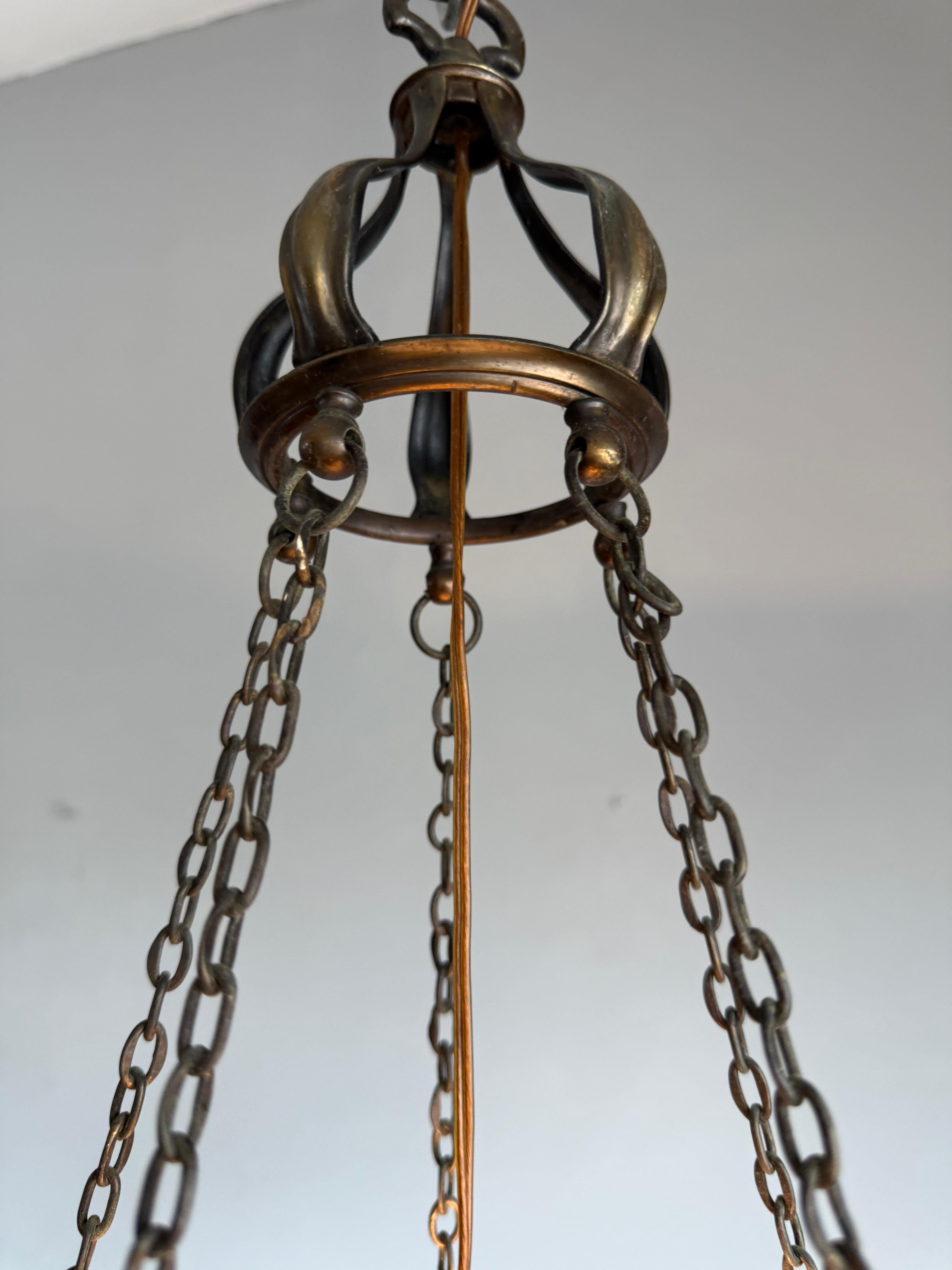 Rare Arts & Crafts Pendant Light w Hand-Blown Art Glass and Bronze Mounts, c1900 For Sale 7