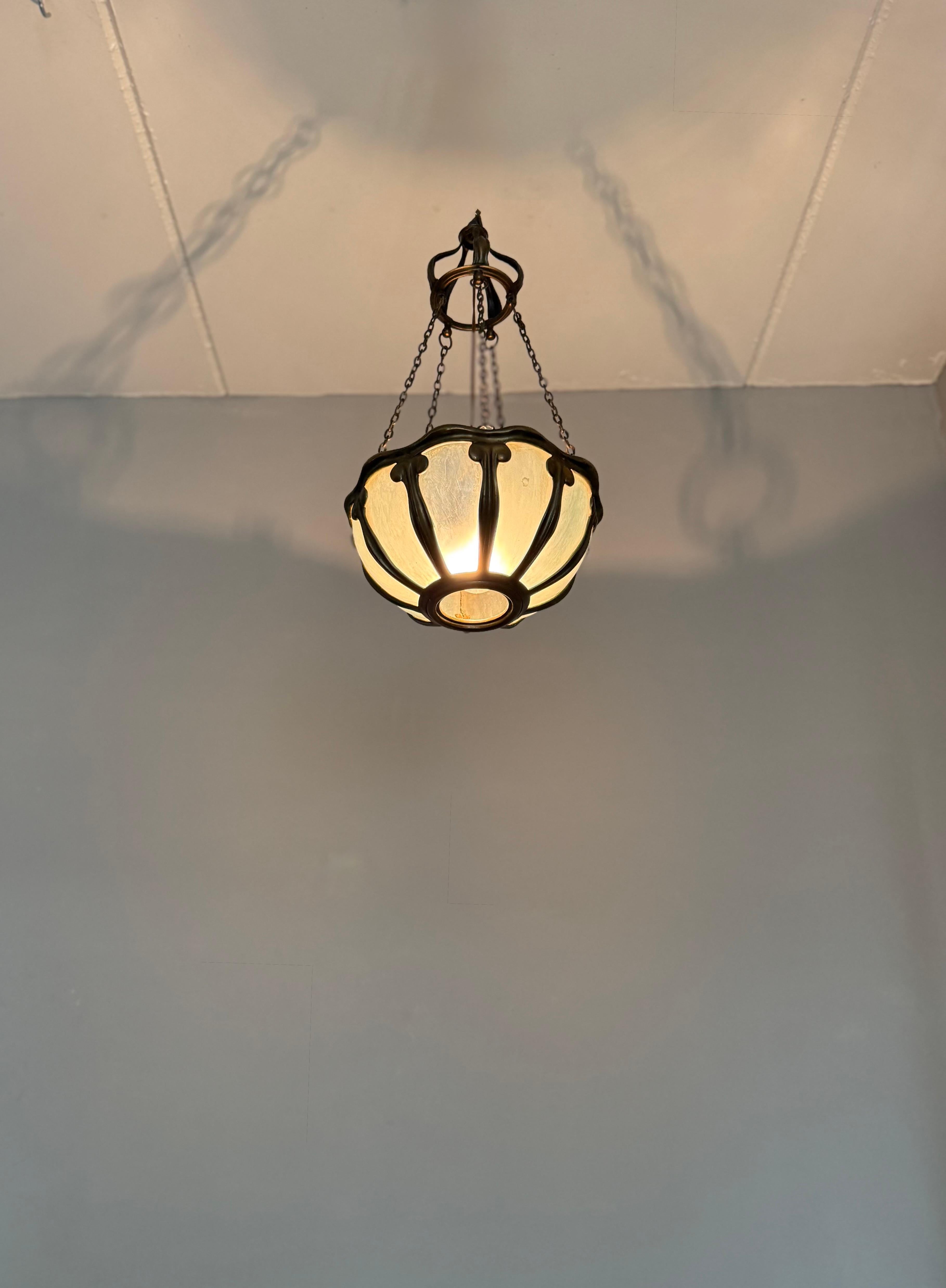 Rare Arts & Crafts Pendant Light w Hand-Blown Art Glass and Bronze Mounts, c1900 For Sale 8
