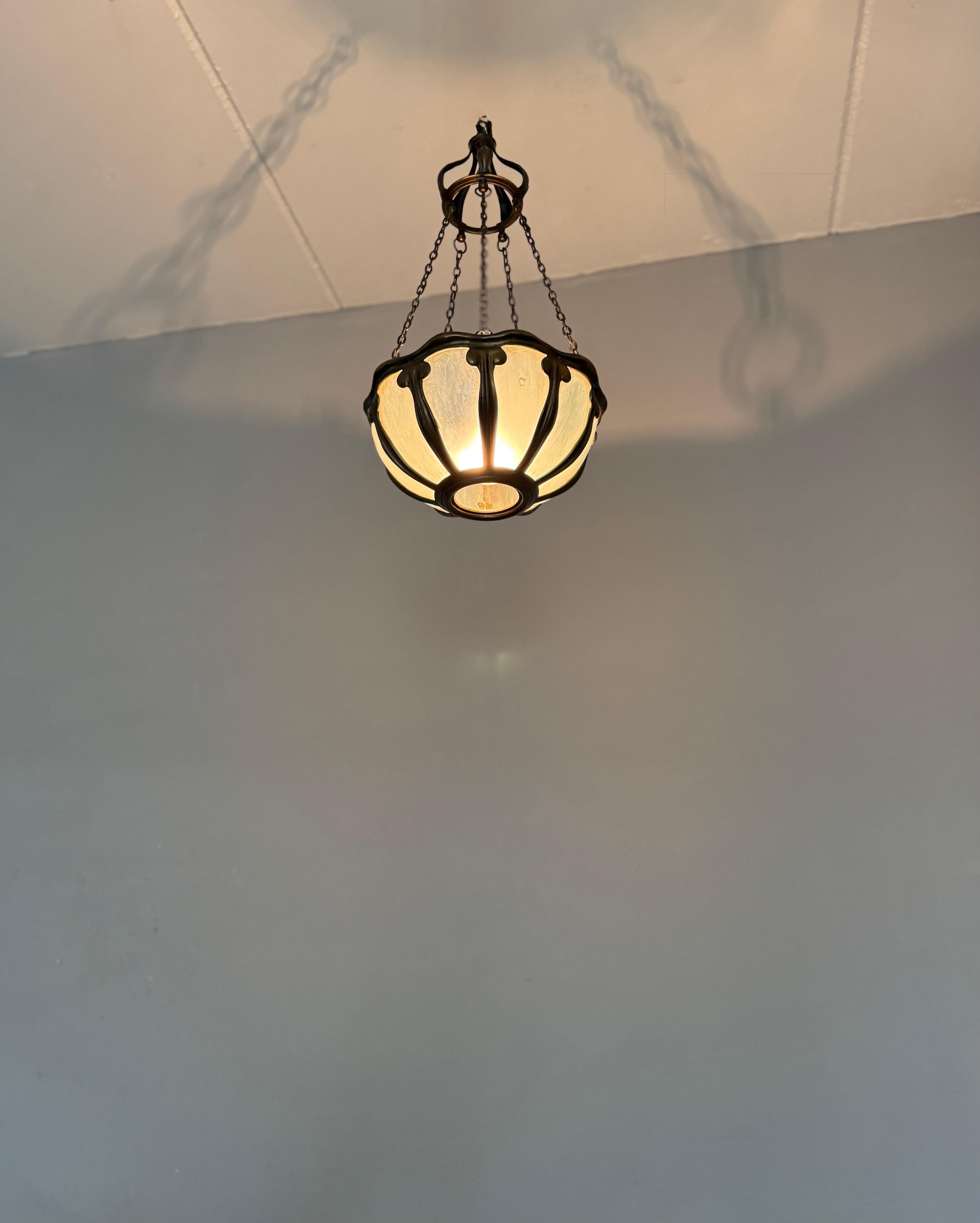 Rare Arts & Crafts Pendant Light w Hand-Blown Art Glass and Bronze Mounts, c1900 For Sale 9