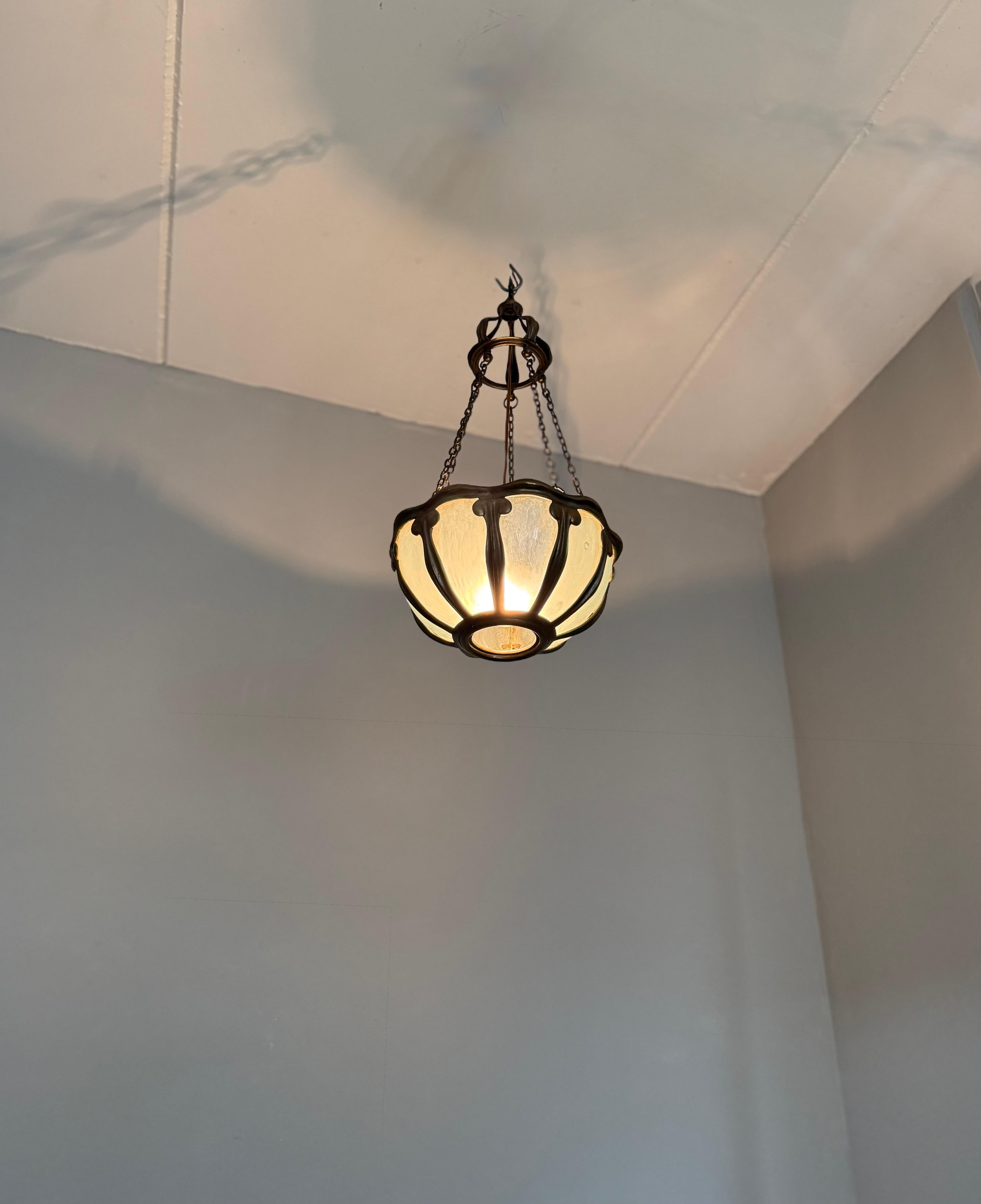 Rare Arts & Crafts Pendant Light w Hand-Blown Art Glass and Bronze Mounts, c1900 For Sale 11