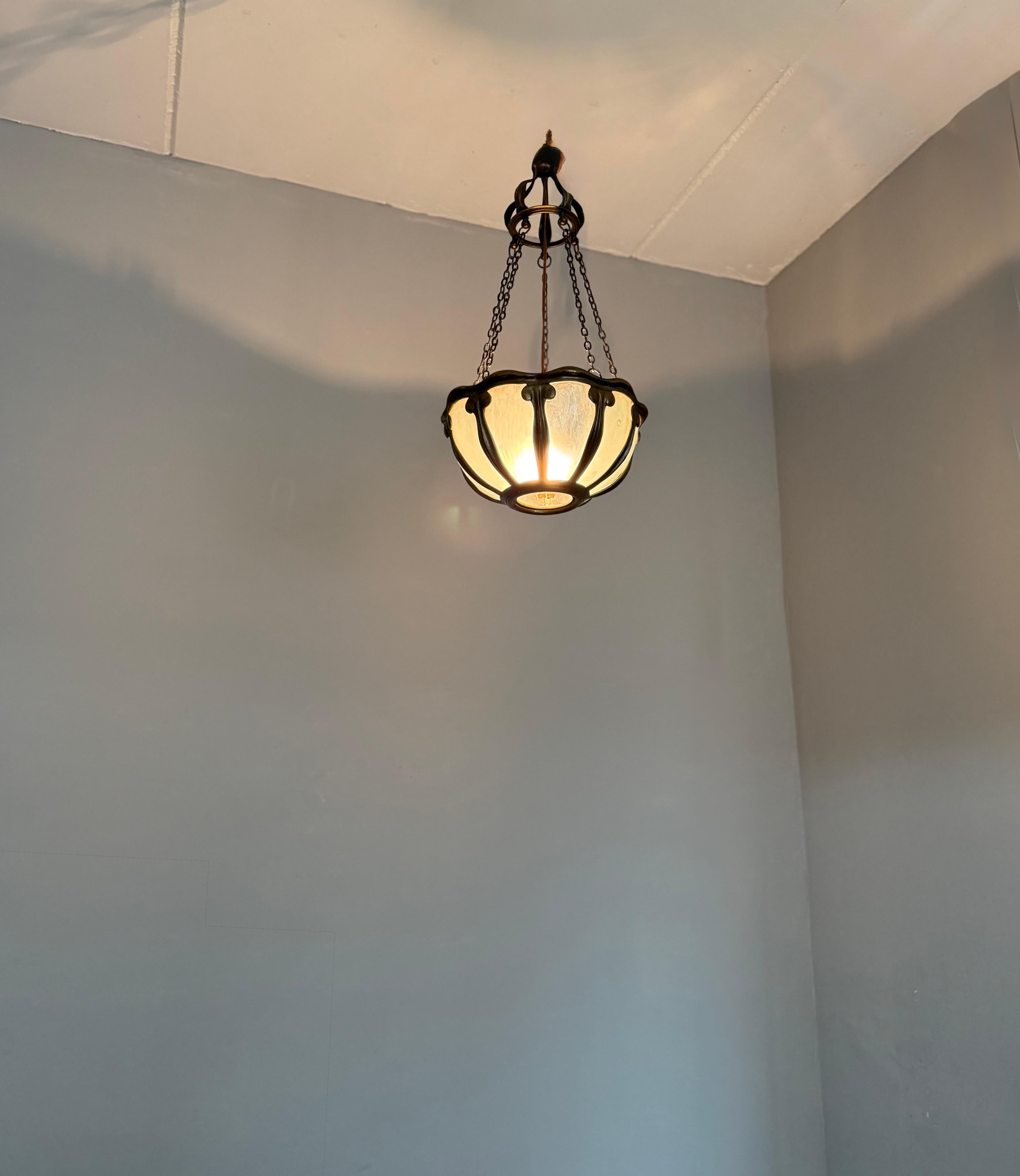 Rare Arts & Crafts Pendant Light w Hand-Blown Art Glass and Bronze Mounts, c1900 For Sale 12