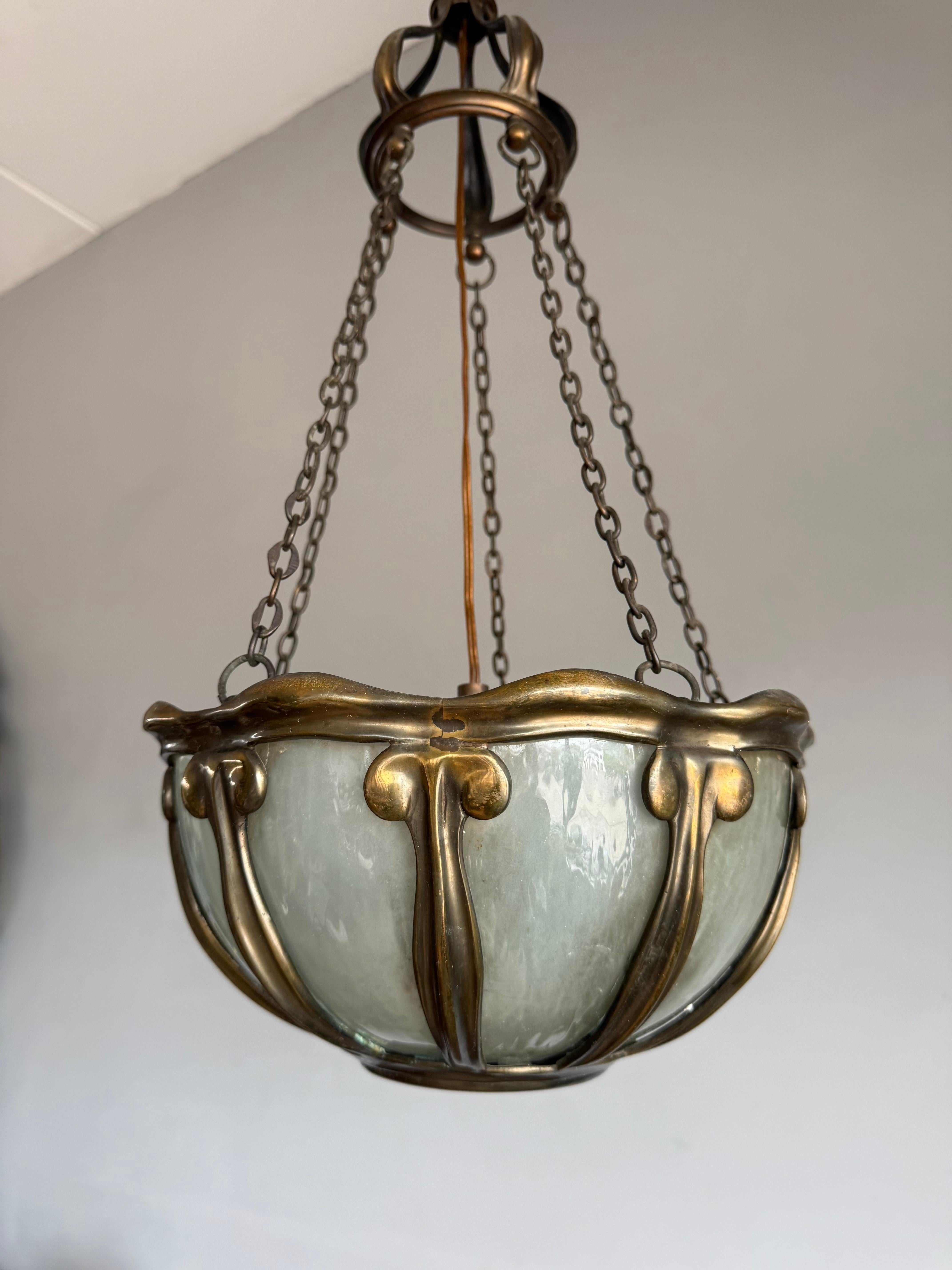 Jugendstil Rare Arts & Crafts Pendant Light w Hand-Blown Art Glass and Bronze Mounts, c1900 For Sale