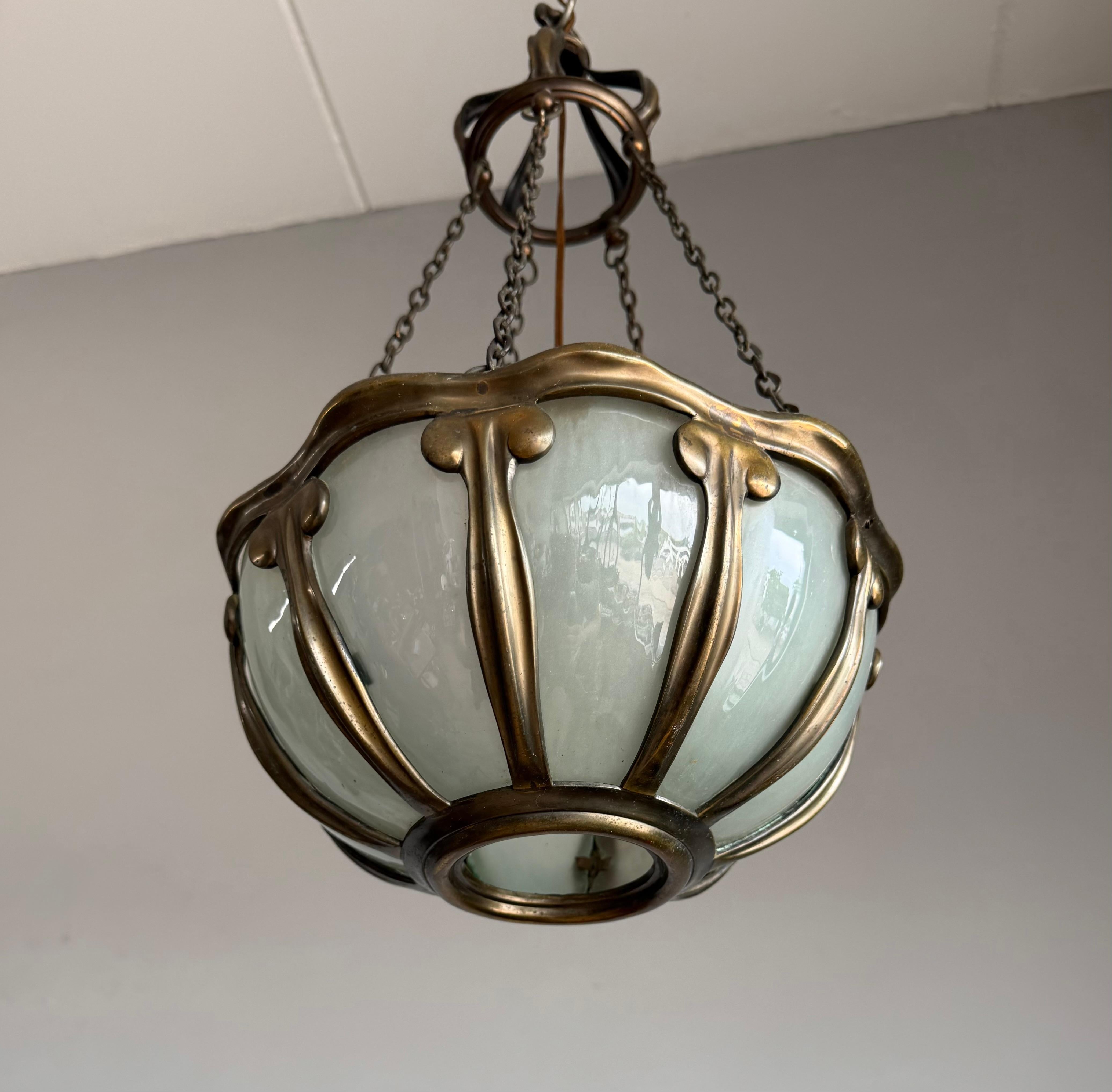 European Rare Arts & Crafts Pendant Light w Hand-Blown Art Glass and Bronze Mounts, c1900 For Sale