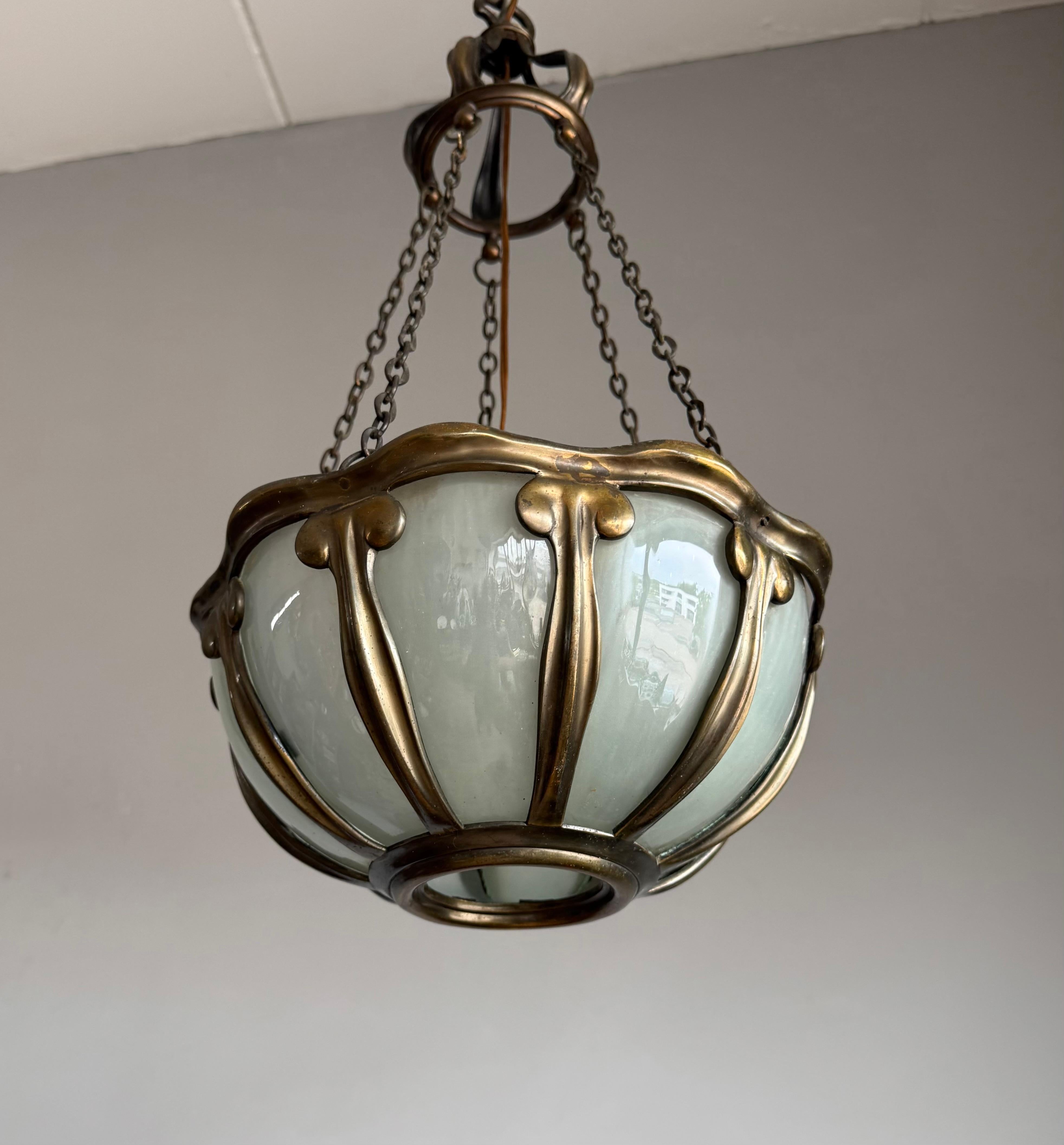 Bronzed Rare Arts & Crafts Pendant Light w Hand-Blown Art Glass and Bronze Mounts, c1900 For Sale